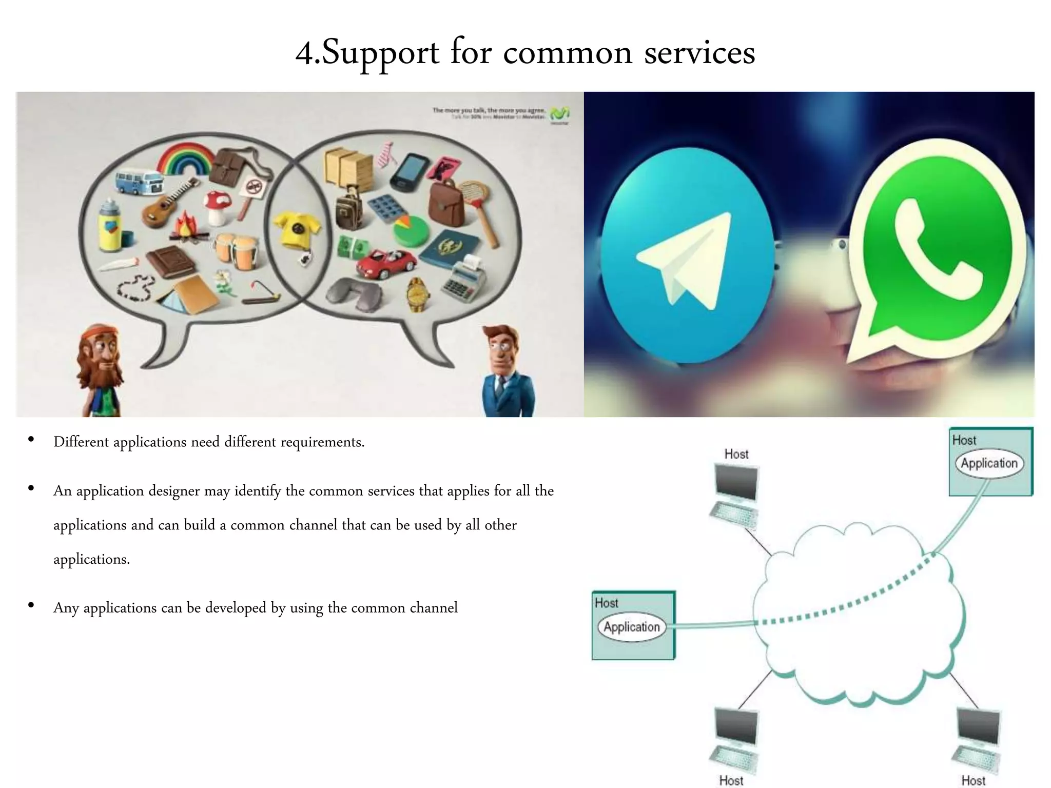 4.Support for common services
• Different applications need different requirements.
• An application designer may identify the common services that applies for all the
applications and can build a common channel that can be used by all other
applications.
• Any applications can be developed by using the common channel
 