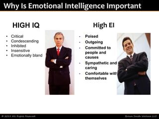 © 2015 All Rights Reserved Brown Smith Wallace LLC
Why Is Emotional Intelligence Important
HIGH IQ High EI
• Critical
• Condescending
• Inhibited
• Insensitive
• Emotionally bland
• Poised
• Outgoing
• Committed to
people and
causes
• Sympathetic and
caring
• Comfortable with
themselves
 