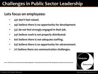 © 2015 All Rights Reserved Brown Smith Wallace LLC
Challenges in Public Sector Leadership
Lets focus on employees:
• 43% don’t feel valued.
• 49% believe there is no opportunity for development.
• 53% do not feel strongly engaged in their job.
• 54% believe work is not properly distributed.
• 60% believe there is not adequate staffing.
• 63% believe there is no opportunity for advancement.
• 71% believe there are communication challenges.
Source: “2014 State and Local Government Employee Engagement” produced by the International Public Management Association for Human Resources
 