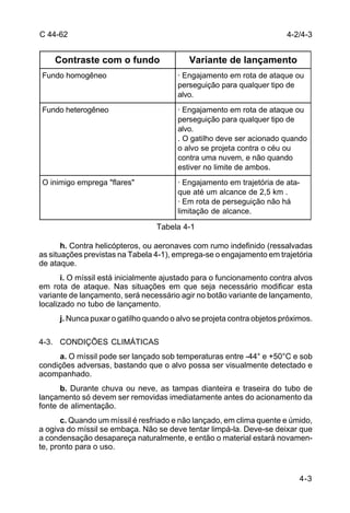 4-3 
C 44-62 
Tabela 4-1 
h. Contra helicópteros, ou aeronaves com rumo indefinido (ressalvadas 
as situações previstas na Tabela 4-1), emprega-se o engajamento em trajetória 
de ataque. 
i. O míssil está inicialmente ajustado para o funcionamento contra alvos 
em rota de ataque. Nas situações em que seja necessário modificar esta 
variante de lançamento, será necessário agir no botão variante de lançamento, 
localizado no tubo de lançamento. 
j. Nunca puxar o gatilho quando o alvo se projeta contra objetos próximos. 
4-3. CONDIÇÕES CLIMÁTICAS 
a. O míssil pode ser lançado sob temperaturas entre -44° e +50°C e sob 
condições adversas, bastando que o alvo possa ser visualmente detectado e 
acompanhado. 
b. Durante chuva ou neve, as tampas dianteira e traseira do tubo de 
lançamento só devem ser removidas imediatamente antes do acionamento da 
fonte de alimentação. 
c. Quando um míssil é resfriado e não lançado, em clima quente e úmido, 
a ogiva do míssil se embaça. Não se deve tentar limpá-la. Deve-se deixar que 
a condensação desapareça naturalmente, e então o material estará novamen-te, 
pronto para o uso. 
4-2/4-3 
Contraste com o fundo Variante de lançamento 
Fundo homogêneo · Engajamento em rota de ataque ou 
perseguição para qualquer tipo de 
alvo. 
Fundo heterogêneo · Engajamento em rota de ataque ou 
perseguição para qualquer tipo de 
alvo. 
. O gatilho deve ser acionado quando 
o alvo se projeta contra o céu ou 
contra uma nuvem, e não quando 
estiver no limite de ambos. 
O inimigo emprega "flares" · Engajamento em trajetória de ata-que 
até um alcance de 2,5 km . 
· Em rota de perseguição não há 
limitação de alcance. 
 