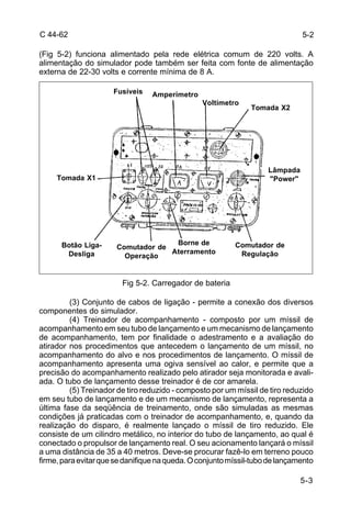 C 44-62 
(Fig 5-2) funciona alimentado pela rede elétrica comum de 220 volts. A 
alimentação do simulador pode também ser feita com fonte de alimentação 
externa de 22-30 volts e corrente mínima de 8 A. 
5-2 
5-3 
Fusíveis Amperímetro 
Voltímetro Tomada X2 
Borne de 
Comutador de Aterramento 
Operação 
Fig 5-2. Carregador de bateria 
Tomada X1 
Lâmpada 
"Power" 
Comutador de 
Regulação 
Botão Liga- 
Desliga 
(3) Conjunto de cabos de ligação - permite a conexão dos diversos 
componentes do simulador. 
(4) Treinador de acompanhamento - composto por um míssil de 
acompanhamento em seu tubo de lançamento e um mecanismo de lançamento 
de acompanhamento, tem por finalidade o adestramento e a avaliação do 
atirador nos procedimentos que antecedem o lançamento de um míssil, no 
acompanhamento do alvo e nos procedimentos de lançamento. O míssil de 
acompanhamento apresenta uma ogiva sensível ao calor, e permite que a 
precisão do acompanhamento realizado pelo atirador seja monitorada e avali-ada. 
O tubo de lançamento desse treinador é de cor amarela. 
(5) Treinador de tiro reduzido - composto por um míssil de tiro reduzido 
em seu tubo de lançamento e de um mecanismo de lançamento, representa a 
última fase da seqüência de treinamento, onde são simuladas as mesmas 
condições já praticadas com o treinador de acompanhamento, e, quando da 
realização do disparo, é realmente lançado o míssil de tiro reduzido. Ele 
consiste de um cilindro metálico, no interior do tubo de lançamento, ao qual é 
conectado o propulsor de lançamento real. O seu acionamento lançará o míssil 
a uma distância de 35 a 40 metros. Deve-se procurar fazê-lo em terreno pouco 
firme, para evitar que se danifique na queda. O conjunto míssil-tubo de lançamento 
 