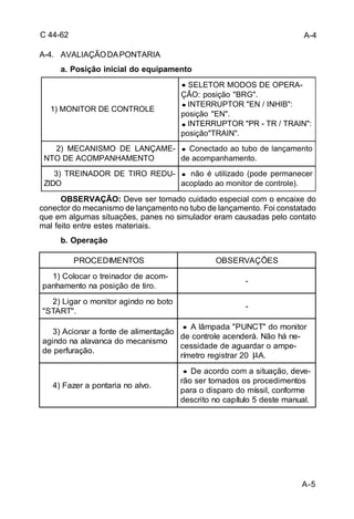 A-5 
C 44-62 
A-4. AVALIAÇÃO DA PONTARIA 
a. Posição inicial do equipamento 
1) MONITOR DE CONTROLE 
OBSERVAÇÃO: Deve ser tomado cuidado especial com o encaixe do 
conector do mecanismo de lançamento no tubo de lançamento. Foi constatado 
que em algumas situações, panes no simulador eram causadas pelo contato 
mal feito entre estes materiais. 
b. Operação 
SELETOR MODOS DE OPERA-ÇÃO: 
posição "BRG". 
INTERRUPTOR "EN / INHIB": 
posição "EN". 
INTERRUPTOR "PR - TR / TRAIN": 
posição"TRAIN". 
2) MECANISMO DE LANÇAME-NTO 
DE ACOMPANHAMENTO 
Conectado ao tubo de lançamento 
de acompanhamento. 
3) TREINADOR DE TIRO REDU-ZIDO 
não é utilizado (pode permanecer 
acoplado ao monitor de controle). 
A-4 
PROCEDIMENTOS OBSERVAÇÕES 
μ 
1) Colocar o treinador de acom- 
panhamento na posição de tiro. - 
2) Ligar o monitor agindo no boto 
"START". - 
3) Acionar a fonte de alimentação 
agindo na alavanca do mecanismo 
de perfuração. 
A lâmpada "PUNCT" do monitor 
de controle acenderá. Não há ne- 
cessidade de aguardar o ampe- 
rímetro registrar 20 A. 
4) Fazer a pontaria no alvo. 
De acordo com a situação, deve-rão 
ser tomados os procedimentos 
para o disparo do míssil, conforme 
descrito no capítulo 5 deste manual. 
 