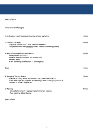 13
!
MeetingOpens
Introduction and Apologies
1. Ice Breakers: meetingpeople and gettingto know each other 15 mins
2. Information sharing
- Updated from each SRC: What new hashappened?
- Any newsfrom others(example: VicSRC relevant community groups)
20 mins
3. Reportsfrom schoolson taskstaken on:
What have we found out?
What do we want to do with thisinformation?
Ideasfor action
Isthissomethingstudentswant?– checkingback
20 mins
Break 15 mins
4. Speaker or TrainingSession
- Outline of aprogram for which student responsesare wanted; or
- Discussion topic around which studentsmight want to take group action; or
- Feed-in to VicSRCCongressetc
20 mins
5. Planning
- Where to from here?– topicsor tasksfor the next meeting
- Next Meeting: date and venue
30 mins
MeetingClose
 