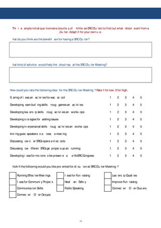 15
!
Thi i a ample initial que tionnaire (courte y of hittle ea SRCClu ter) to find out what chool want from a
clu ter. Adapt it for your own u e.
hat do you think are the benefit are for havinga SRCClu ter?
hat kind of activitie would help the chool rep at the SRCClu ter Meeting?
How could you rate the followingidea for the SRCClu ter Meeting ?Rate 1 for low, 5 for high.
S aringof i easan ac ivi iesfor eac sc ool 1 2 3 4 5
Developing eam buil ingskills roug gamesan ac ivi ies 1 2 3 4 5
Developinglea ers ip skills roug ac ivi iesan works ops 1 2 3 4 5
Developings ra egiesfor acklingissues 1 2 3 4 5
Developingin erpersonal skills roug ac ivi iesan works ops 1 2 3 4 5
Invi inggues speakers o a ress e mee ing 1 2 3 4 5
Discussing ow o er SRCsopera e in sc ools 1 2 3 4 5
Discussing ow ifferen SRCsge projec sup an running 1 2 3 4 5
Developingi easfor mo ions o be presen e a e VicSRCCongress 1 2 3 4 5
hich if the followingwould you like pre ented for di cu ion at SRCClu ter Meeting ?
RunningEffec ive Mee ings I easfor Fun raising Lea ers ip Quali ies
I easfor Communi y Projec s Heal an Safe y Improve Fun raising
Communica ion Skills Public Speaking Connec wi O er Clus ers
Connec wi O er Groups
 