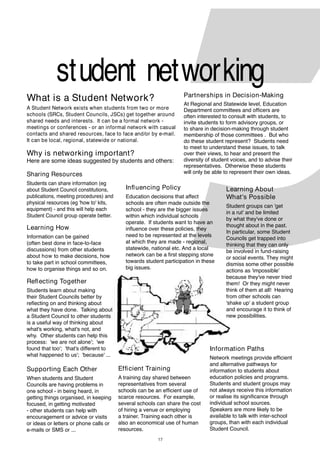 17
Supporting Each Other
When students and Student
Councils are having problems in
one school - in being heard, in
getting things organised, in keeping
focused, in getting motivated
- other students can help with
encouragement or advice or visits
or ideas or letters or phone calls or
e-mails or SMS or ...
Efﬁcient Training
A training day shared between
representatives from several
schools can be an efﬁcient use of
scarce resources. For example,
several schools can share the cost
of hiring a venue or employing
a trainer. Training each other is
also an economical use of human
resources.
Information Paths
Network meetings provide efﬁcient
and alternative pathways for
information to students about
education policies and programs.
Students and student groups may
not always receive this information
or realise its signiﬁcance through
individual school sources.
Speakers are more likely to be
available to talk with inter-school
groups, than with each individual
Student Council.
Learning How
Information can be gained
(often best done in face-to-face
discussions) from other students
about how to make decisions, how
to take part in school committees,
how to organise things and so on.
Reﬂecting Together
Students learn about making
their Student Councils better by
reﬂecting on and thinking about
what they have done. Talking about
a Student Council to other students
is a useful way of thinking about
what's working, what's not, and
why. Other students can help this
process: 'we are not alone'; 'we
found that too'; 'that's different to
what happened to us'; 'because' ...
Partnerships in Decision-Making
At Regional and Statewide level, Education
Department committees and ofﬁcers are
often interested to consult with students, to
invite students to form advisory groups, or
to share in decision-making through student
membership of those committees . But who
do these student represent? Students need
to meet to understand these issues, to talk
over their views, to hear and present the
diversity of student voices, and to advise their
representatives. Otherwise these students
will only be able to represent their own ideas.
Inﬂuencing Policy
Education decisions that affect
schools are often made outside the
school - they are the bigger issues
within which individual schools
operate. If students want to have an
inﬂuence over these policies, they
need to be represented at the levels
at which they are made - regional,
statewide, national etc. And a local
network can be a ﬁrst stepping stone
towards student participation in these
big issues.
Sharing Resources
Students can share information (eg
about Student Council constitutions,
publications, meeting procedures) and
physical resources (eg 'how to' kits,
equipment) - and this will help each
Student Council group operate better.
Learning About
What's Possible
Student groups can 'get
in a rut' and be limited
by what they've done or
thought about in the past.
In particular, some Student
Councils get trapped into
thinking that they can only
be involved in fund-raising
or social events. They might
dismiss some other possible
actions as 'impossible'
because they've never tried
them! Or they might never
think of them at all! Hearing
from other schools can
'shake up' a student group
and encourage it to think of
new possibilities.
What is a Student Network?
A Student Network exists when students from two or more
schools (SRCs, Student Councils, JSCs) get together around
shared needs and interests. It can be a formal network -
meetings or conferences - or an informal network with casual
contacts and shared resources, face to face and/or by e-mail.
It can be local, regional, statewide or national.
Why is networking important?
Here are some ideas suggested by students and others:
student networking
 