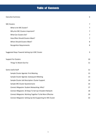 5
Table of Contents
Executive!Summary! 6!
!! !!
SRC!Clusters! 7!
What!Is!An!SRC!Cluster?! 7!
Why!Are!SRC!Clusters!Important?! 7!
What!Can!Clusters!Do?! 7!
How!Often!Should!Clusters!Meet?! 7!
Where!Should!Clusters!Meet?! 8!
Recognition!Requirements! 8!
!! !!
Suggested!Steps!Towards!Setting!Up!A!SRC!Cluster! 9!
!! !!
Support!For!Clusters! 10!
Things!To!Watch!Out!For! 11!
!! !!
Some!Useful!Stuff! 11!
Sample!Cluster!Agenda:!First!Meeting! 12!
Sample!Cluster!Agenda:!Subsequent!Meeting! 13!
Sample!Cluster!Job!Description:!Cluster!Support! 14!
Sample!SRC!Cluster!Questionnaire! 16!
Connect!Magazine:!Student!Networking:!Why?! 17!
Connect!Magazine:!20!Steps!To!Set!Up!A!Student!Network! 18!
Connect!Magazine:!Working!Together!To!Be!More!Effective! 20!
Connect!Magazine:!Setting!Up!And!Supporting!An!SRC!Cluster! 22!
 