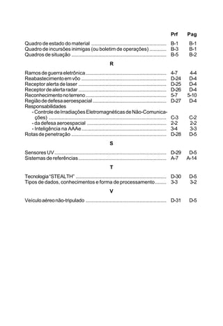 Prf Pag 
Quadro de estado do material ..................................................... B-1 B-1 
Quadro de incursões inimigas (ou boletim de operações) ............ B-3 B-1 
Quadros de situação ................................................................... B-5 B-2 
R 
Ramos de guerra eletrônica ......................................................... 4-7 4-4 
Reabastecimento em vôo ............................................................ D-24 D-4 
Receptor alerta de laser .............................................................. D-25 D-4 
Receptor de alerta radar .............................................................. D-26 D-4 
Reconhecimento no terreno......................................................... 5-7 5-10 
Região de defesa aeroespacial .................................................... D-27 D-4 
Responsabilidades 
- Controle de Irradiações Eletromagnéticas de Não-Comunica-ções) 
................................................................................... C-3 C-2 
- da defesa aeroespacial ........................................................ 2-2 2-2 
- Inteligência na AAAe ............................................................ 3-4 3-3 
Rotas de penetração ................................................................... D-28 D-5 
S 
Sensores UV............................................................................... D-29 D-5 
Sistemas de referências .............................................................. A-7 A-14 
T 
Tecnologia “STEALTH” ................................................................ D-30 D-5 
Tipos de dados, conhecimentos e forma de processamento........ 3-3 3-2 
V 
Veículo aéreo não-tripulado ......................................................... D-31 D-5 
 