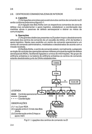 C 44-8 
2-8. CENTROS DE COMANDO NA ZONA DE INTERIOR 
LEGENDA 
XXXX Controle operacional 
○ ○ ○ ○ 
OBSERVAÇÕES 
(1) 1 ou 2 por RDA 
(2) Ligação entre C Cmdo das Bda 
2-4 
a. Ligações 
(1) As ligações previstas para a estrutura dos centros de comando na ZI 
serão conforme prescreve a figura 2-1. 
(2) A ligação das Bda AAAe com os respectivos comandos de zona de 
defesa visa complementar o apoio logístico, estabelecer a coordenação das 
medidas ativas e passivas de defesa aeroespacial e dobrar os meios de 
comunicações. 
b. Operações 
(1) As grandes distâncias presentes na ZI podem impor o desdobramento 
articulado dos centros de comando de um escalão de AAAe, a fim de facilitar o 
apoio logístico. Neste caso existirão um centro de comando operacional e um 
centro de comando administrativo, mobiliados e desdobrados de acordo com a 
missão recebida. 
(2) Na Bda AAAe, o centro de comando estará, normalmente, justaposto 
ao órgão de controle das operações aéreas militares principal da região de defesa 
aeroespacial (RDA), facilitando ligações e a troca de informações. No grupo de 
artilharia antiaérea e na bateria de artilharia antiaérea os centros de comando 
estarão desdobrados junto às DAAe estabelecidas. 
Comando 
Coordenação 
Fig 2-1. Ligações dos centros de comando na ZI 
AAAe 
(3) Coordenação entre D Aepc e 
apoio Adm 
2-8 
 