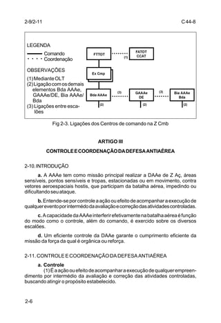 C 44-8 
2-9/2-11 
LEGENDA 
○ ○ ○ ○ 
OBSERVAÇÕES 
(1) Mediante OLT 
(2) Ligação com os demais 
elementos Bda AAAe, 
GAAAe/DE, Bia AAAe/ 
Bda 
(3) Ligações entre esca-lões 
2-6 
Comando 
Coordenação 
Fig 2-3. Ligações dos Centros de comando na Z Cmb 
ARTIGO III 
CONTROLE E COORDENAÇÃO DA DEFESA ANTIAÉREA 
2-10. INTRODUÇÃO 
a. A AAAe tem como missão principal realizar a DAAe de Z Aç, áreas 
sensíveis, pontos sensíveis e tropas, estacionadas ou em movimento, contra 
vetores aeroespaciais hostis, que participam da batalha aérea, impedindo ou 
dificultando seu ataque. 
b. Entende-se por controle a ação ou efeito de acompanhar a execução de 
qualquer evento por intermédo da avaliação e correção das atividades controladas. 
c. A capacidade da AAAe interferir efetivamente na batalha aérea é função 
do modo como o controle, além do comando, é exercido sobre os diversos 
escalões. 
d. Um eficiente controle da DAAe garante o cumprimento eficiente da 
missão da força da qual é orgânica ou reforça. 
2-11. CONTROLE E COORDENAÇÃO DA DEFESA ANTIAÉREA 
a. Controle 
(1) É a ação ou efeito de acompanhar a execução de qualquer empreen-dimento 
por intermédio da avaliação e correção das atividades controladas, 
buscando atingir o propósito estabelecido. 
 