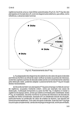 5-5 
5-9 
C 44-8 
vigilância local de uma ou mais DAAe subordinadas (Fig 5-2). Os P Vig não são 
planejados em função da LLR, e sim do diagrama de cobertura, que utiliza, como 
referência, o alcance radar nominal. 
Fig 5-2. Posicionamento dos P Vig 
c. A justaposição dos diagramas de cobertura e do calco de apoio à decisão 
permitirá ao E2/S2 e ao oficial de radar verificar se todos os pontos de interesse, 
acidentes capitais e pontos de decisão estão sendo convenientemente cobertos 
pela detecção radar, podendo adaptar o posicionamento dos P Vig em função 
destas necessidades. 
d. Deverão também ser planejados P Vig para emprego na falta do sensor 
de vigilância, ocupados mediante ordem, como por exemplo nos casos de 
destruição, inutilização temporária ou pane do Rdr Vig. O objetivo é manter a 
vigilância do espaço aéreo, ainda que seletiva e limitada pela visibilidade. Estes 
P Vig, se mobiliados, deverão monitorar os pontos de interesse e de decisão do 
escalão de AAAe considerado, baseado em um detalhado estudo de situação, 
particularmente na confecção do calco de análise do terreno, que deverá ser 
extremamente detalhado, e do calco de apoio à decisão. Este tipo de P Vig foge 
à sua função complementar, sendo de emprego emergencial, eventual e limitado, 
 