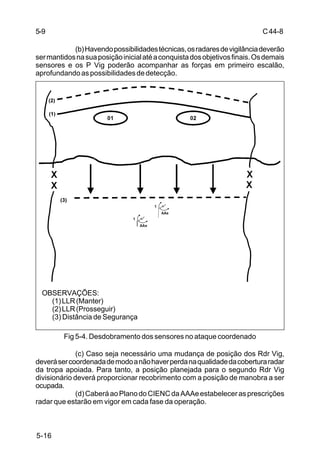 C 44-8 
5-9 
OBSERVAÇÕES: 
5-16 
(b) Havendo possibilidades técnicas, os radares de vigilância deverão 
ser mantidos na sua posição inicial até a conquista dos objetivos finais. Os demais 
sensores e os P Vig poderão acompanhar as forças em primeiro escalão, 
aprofundando as possibilidades de detecção. 
(1) LLR (Manter) 
(2) LLR (Prosseguir) 
(3) Distância de Segurança 
Fig 5-4. Desdobramento dos sensores no ataque coordenado 
(c) Caso seja necessário uma mudança de posição dos Rdr Vig, 
deverá ser coordenada de modo a não haver perda na qualidade da cobertura radar 
da tropa apoiada. Para tanto, a posição planejada para o segundo Rdr Vig 
divisionário deverá proporcionar recobrimento com a posição de manobra a ser 
ocupada. 
(d) Caberá ao Plano do CIENC da AAAe estabelecer as prescrições 
radar que estarão em vigor em cada fase da operação. 
 