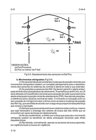 C 44-8 
5-10 
P Avç C P Avç C 
OBSERVAÇÕES: 
(a) Pos Provisória 
(b) Pos no interior da P Def 
5-18 
Fig 5-5. Desdobramento dos sensores na Def Pos 
b. Movimentos retrógrados (Fig 5-6) 
(1) As características de constantes mudanças de posição inerentes aos 
movimentos retrógrados impõem um completo planejamento para o desdobra-mento 
dos sensores do sistemas de controle e alerta em toda a sua extensão. 
(2) As posições sucessivas dos Rdr Vig devem garantir o alerta anteci-pado 
à frente da(s) posição(ões) de retraimento. À semelhança da M Cmb, a LLR 
será utilizada como parâmetro somente para a posição de radar que proporciona 
alerta antecipado à posição inicial de retardamento (PIR). Nas demais posições, 
a referência será o alcance nominal do radar. O momento e a situação (com ou 
sem pressão do inimigo) irá impor a forma como se dará a mudança de posição 
dos Rdr Vig, que será feita de acordo com a segurança proporcionada pela força 
que conduz a operação. 
(3) Sempre que possível deverá haver cobertura radar contínua, mesmo 
que seja necessário o emprego dos radares de busca das Sec AAAe que se 
encontrem em apoio às forças em deslocamento. 
(4) No seu acolhimento, a AAAe com a força que executa o movimento 
retrógrado poderá se beneficiar do alerta antecipado fornecido pela AAAe 
daquelas forças. 
(5) Na retirada, normalmente, apenas os sensores de busca operarão, 
em vigilância local ou busca em vigilância. 
 