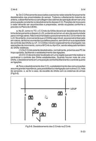 5-23 
C 44-8 
b. Os C Ct fisicamente associados a sensores radar estarão forçosamente 
desdobrados nas proximidades do sensor. Todavia o afastamento máximo da 
antena, o desenfiamento e a camuflagem das cabines de operação devem ser uma 
preocupação constante no desdobramento desses C Ct. Posições de troca para 
o radar deverão ser reconhecidas e preparadas, sendo ocupadas conforme o 
previsto no Plano do CIENC. 
c. Na ZI, como no TO, o C Cmdo da AAAe deverá ser desdobrado fora da 
linha de lançamento e disparo (LLD), evitando se tornar um alvo de oportunidade 
para o inimigo aéreo. Não é recomendado o posicionamento do C Ct no interior da 
LLD. No entanto, é conveniente que o COAAe seja móvel, se possível embarcado 
em viatura, de forma a aumentar sua defesa passiva, sem diminuir sua capacidade 
de controle das DAAe ou UT. O COAAe móvel é especialmente empregado nas 
operações de movimento, como a M Cmb ou Apvt Exi, sendo adequado também 
às DAAe estáticas. 
(1) Os C Cmdo estarão desdobrados, normalmente, próximos aos PC da 
tropa apoiada, facilitando o estabelecimento das ligações. 
(2) O C Ct deverá estar localizado em uma região que permita realizar e 
centralizar o controle das DAAe estabelecidas. Quando houver mais de uma 
DAAe, o desdobramento em uma posição central facilitará tanto o controle quanto 
as ligações. 
d. Para o desdobramento dos C Ct, o estabelecimento das comunicações 
assume grande importância, pois possibilitará a interligação com outros C Ct, rede 
de sensores e, se for o caso, do escalão de AAAe com os sistemas de armas 
(Fig 5-8). 
Fig 5-8. Desdobramento dos C Cmdo na Z Cmb 
5-14 
 