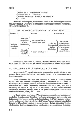 C 44-8 
1-2/1-3 
COMANDO CONTROLE INTELIGÊNCIA 
Apoiar a 
tomada de 
decisão 
1-2 
(1) coleta de dados / estudo de situação; 
(2) planejamento / coordenação; 
(3) tomada de decisão / expedição de ordens; e 
(4) controle. 
d. De uma maneira geral, as funções da estrutura de C2 são as apresentadas 
no quadro a seguir, juntamente as funções do sistema operacional de inteligência, 
intimamente ligado ao C2. 
FUNÇÕES BÁSICAS DA ESTRUTURA DE C2 E DE INTELIGÊNCIA 
Obtenção 
Comparação 
Análise 
Visualização 
Redação 
Distribuição 
Supervisão 
dos dados sobre os 
fatores da decisão 
de ordens e instruções 
Obtenção 
Comparação 
Análise 
Distribuição 
de dados e 
conhecimentos 
sobre o inimigo, 
o terreno e as 
condições 
meteorológicas. 
e. O sistema de comunicações integra e complementa a estrutura acima, 
a fim de permitir o livre trânsito de dados, conhecimentos, ordens e instruções. 
1-3. CARACTERÍSTICAS DA ESTRUTURA DE C² DA AAAe 
A estrutura de C2 da AAAe apresenta as seguintes características particu-lares, 
em face das peculiaridades do ambiente operacional e de suas caracterís-ticas 
de emprego: 
a. Por intermédio dos centros de comando (C Cmdo), o Cmt de qualquer 
escalão de AAAe no teatro de operações (TO) deve estar em condições de 
assessorar o Cmt da força sobre as atividades de defesa aeroespacial (DAepc), 
diretamente ou por meio do elemento de defesa antiaérea (EDAAe), nos centros 
de operações táticas (COT). Na zona do interior (ZI), esta assessoria será 
prestada ao elemento da força aérea (FAe) que controla operacionalmente as 
defesas antiaéreas (DAAe) desdobradas; 
b. Os centros de controle da AAAe, em qualquer escalão, devem estar em 
condições de estabelecer ligações interforças, procurando se beneficiar dos 
dados e das informações obtidas junto às estruturas de C² com as quais estejam 
ligados e interagem. Assim, a estrutura de C² da AAAe deverá estar em condições 
de suportar diferentes protocolos de comunicações e de ligar-se a redes híbridas, 
interligadas a diversos equipamentos e sistemas de processamento de dados. 
 