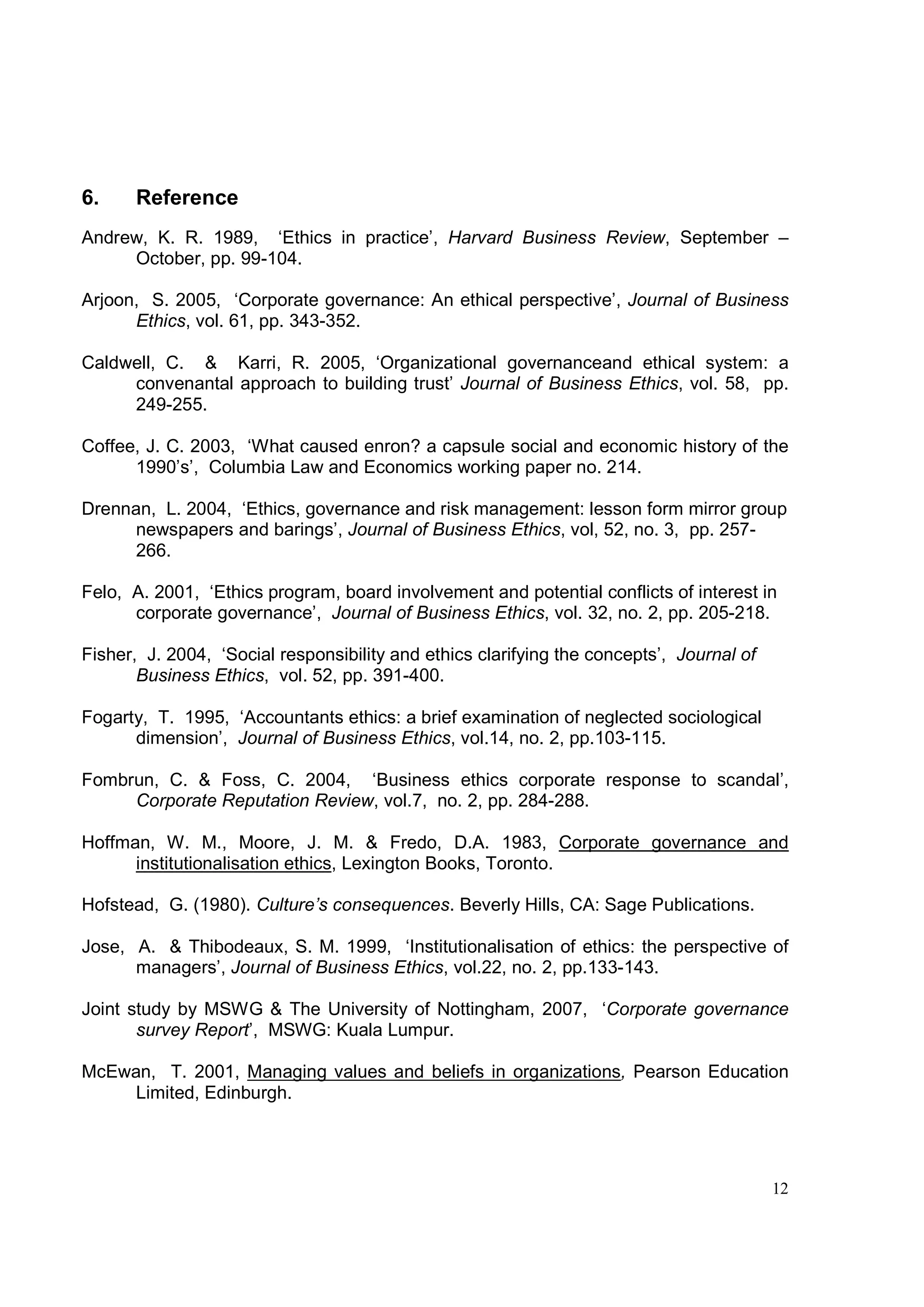 6.     Reference
Andrew, K. R. 1989, ‘Ethics in practice’, Harvard Business Review, September –
     October, pp. 99-104.

Arjoon, S. 2005, ‘Corporate governance: An ethical perspective’, Journal of Business
      Ethics, vol. 61, pp. 343-352.

Caldwell, C. & Karri, R. 2005, ‘Organizational governanceand ethical system: a
     convenantal approach to building trust’ Journal of Business Ethics, vol. 58, pp.
     249-255.

Coffee, J. C. 2003, ‘What caused enron? a capsule social and economic history of the
      1990’s’, Columbia Law and Economics working paper no. 214.

Drennan, L. 2004, ‘Ethics, governance and risk management: lesson form mirror group
      newspapers and barings’, Journal of Business Ethics, vol, 52, no. 3, pp. 257-
      266.

Felo, A. 2001, ‘Ethics program, board involvement and potential conflicts of interest in
      corporate governance’, Journal of Business Ethics, vol. 32, no. 2, pp. 205-218.

Fisher, J. 2004, ‘Social responsibility and ethics clarifying the concepts’, Journal of
       Business Ethics, vol. 52, pp. 391-400.

Fogarty, T. 1995, ‘Accountants ethics: a brief examination of neglected sociological
      dimension’, Journal of Business Ethics, vol.14, no. 2, pp.103-115.

Fombrun, C. & Foss, C. 2004, ‘Business ethics corporate response to scandal’,
     Corporate Reputation Review, vol.7, no. 2, pp. 284-288.

Hoffman, W. M., Moore, J. M. & Fredo, D.A. 1983, Corporate governance and
      institutionalisation ethics, Lexington Books, Toronto.

Hofstead, G. (1980). Culture’s consequences. Beverly Hills, CA: Sage Publications.

Jose, A. & Thibodeaux, S. M. 1999, ‘Institutionalisation of ethics: the perspective of
      managers’, Journal of Business Ethics, vol.22, no. 2, pp.133-143.

Joint study by MSWG & The University of Nottingham, 2007, ‘Corporate governance
       survey Report’, MSWG: Kuala Lumpur.

McEwan, T. 2001, Managing values and beliefs in organizations, Pearson Education
     Limited, Edinburgh.




                                                                                          12
 