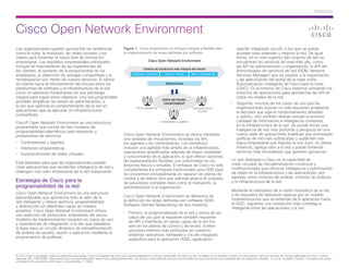Resumen



Cisco Open Network Environment
Las organizaciones quieren aprovechar las tendencias                                      Figura 1.  Cisco proporciona un enfoque integral y flexible para                              specific integrated circuit), a los que se puede
como la nube, la movilidad, las redes sociales y los                                      la implementación de redes definidas por software                                             acceder para extender y mejorar la red. De igual
videos para fomentar la nueva fase de innovación                                                                                                                                        forma, en el nivel superior del conjunto de red se
empresarial. Los requisitos empresariales principales                                                         Cisco Open Network Environment                                            encuentran los servicios de nivel más alto, como
incluyen el mejoramiento de las experiencias de                                                                                                                                         las API de administración y organización, la API del
                                                                                                          Cartera de productos más integral del sector
los clientes, el aumento de la productividad de los                                                                                                                                     Administrador de servicios de red (NSM, Network
                                                                                                 Hardware + Software        Físico + Virtual      Red + computación
empleados, la obtención de ventajas competitivas y la                                                                                                                                   Services Manager) que da soporte a la organización
rentabilización por medio de nuevos servicios. El sector                                                                                                                                y las aplicaciones del portal de la nube como
se orienta hacia el reforzamiento del vínculo entre las                                                                      Aplicaciones                                               Automatización inteligente de Cisco para la nube
plataformas de software y la infraestructura de la red                                                                                                                                  (CIAC). En el entorno de Cisco estamos activando los
como un elemento fundamental de una estrategia                                                                                                                                          entornos de aplicaciones para aprovechar las API en
integral para lograr estos objetivos. Una red programable                                                                                                                               todos los niveles de la red.
                                                                                                                          OPEN NETWORK
promete simplificar las tareas de administración, a                                                                        ENVIRONMENT                                              •	 Segundo, muchos de los casos de uso que las
la vez que optimiza el comportamiento de la red en                                                  API de plataforma                              Superposiciones                     organizaciones buscan no solo requieren programar
aplicaciones que se ejecutan en infraestructuras                                                                                                      virtuales                        la red para que siga el comportamiento deseado
compartidas.                                                                                                                                                                           u óptimo, sino también desean extraer la enorme
Cisco® Open Network Environment es una estructura                                                                       Controladores y agentes                                        cantidad de información e inteligencia contenida
programable que consta de tres modelos de                                                                                                                                              en la infraestructura de la red. Se puede incluir una
programabilidad alternativos para empresas y                                                                                                                                           inteligencia de red más profunda y perspicaz en una
proveedores de servicios:                                                                 Cisco Open Network Environment se ofrece mediante                                            nueva clase de aplicaciones analíticas que promuevan
                                                                                          una variedad de mecanismos, incluidas las API,                                               políticas de red más sofisticadas y sustenten una
•	 Controladores y agentes                                                                los agentes y los controladores. Los beneficios                                              lógica empresarial que impulse la red. Esto, en última
•	 Interfaces programáticas                                                               incluyen una agilidad más amplia de la infraestructura,                                      instancia, agrega valor a la red y puede fomentar
                                                                                          operaciones simplificadas además de mayor visibilidad                                        servicios más innovadores que generen ganancias.
•	 Superposiciones de redes virtuales
                                                                                          y conocimiento de la aplicación, lo que ofrece opciones
                                                                                          de implementación flexibles con uniformidad en los                                        Lo que distingue a Cisco es la capacidad de
Está diseñado para que las organizaciones puedan                                                                                                                                    crear circuitos de retroalimentación continuos y
crear aplicaciones que recolecten inteligencia de red y                                   entornos físicos y virtuales. El enfoque de Cisco no solo
                                                                                          complementa los enfoques tradicionales para SDN (que                                      multifuncionales que ofrezcan inteligencia y optimización
obtengan más valor empresarial de la red subyacente.                                                                                                                                de redes en la infraestructura y las aplicaciones; por
                                                                                          se concentran principalmente en separar los planos de
                                                                                          control y de datos) sino que además abarca el conjunto                                    ejemplo: entre motores de análisis, motores de políticas
Estrategia de Cisco para la                                                               de soluciones completo tales como el transporte, la                                       y la infraestructura de la red.
programabilidad de la red                                                                 automatización y la organización.
                                                                                                                                                                                    Mediante el reemplazo de la visión monolítica de la red
Cisco Open Network Environment es una estructura                                                                                                                                    y de requisitos de aplicación opacos por un modelo
personalizable que aprovecha todo el valor de la                                          Cisco Open Network Environment se diferencia de
                                                                                          la definición de redes definidas por software (SDN,                                       multidimensional que se extiende de la aplicación hasta
red inteligente y ofrece apertura, programabilidad                                                                                                                                  el ASIC, logramos una interacción más compleja e
y abstracción en diferentes capas de manera                                               Software Defined Networking) de dos maneras:
                                                                                                                                                                                    inteligente entre las aplicaciones y la red.
evolutiva. Cisco Open Network Environment ofrece
                                                                                          •	 Primero, la programabilidad de la red y varios de los
una selección de protocolos, estándares del sector,
                                                                                             casos de uso que la requieren también requieren
modelos de implementación basados en casos de uso
                                                                                             de API o interfaces en varias capas de la red (no
y experiencias de integración, a la vez que establece
                                                                                             solo en los planos de control y de envío). Existen
la base para un circuito dinámico de retroalimentación
                                                                                             procesos internos más profundos en nuestros
de análisis de usuario, sesión o aplicación mediante la
                                                                                             sistemas operativos, hardware y circuito integrado
programación de políticas.
                                                                                             específico para la aplicación (ASIC, application-



© 2012 Cisco y sus filiales. Todos los derechos reservados. Cisco y el logotipo de Cisco son marcas registradas o marcas comerciales de Cisco y/o de sus filiales en los Estados Unidos y en otros países. Para ver una lista de marcas registradas de Cisco, visite la
siguiente URL: HYPERLINK “http://www.cisco.com/go/trademarks” www.cisco.com/go/trademarks. Las marcas comerciales de terceros mencionadas en este documento son propiedad de sus respectivos titulares. El uso de la palabra “partner” no implica que exista
una relación de asociación entre Cisco y otra empresa. (1110R)
 