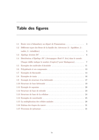 Table des ﬁgures
1.1 Route vers à Sahambavy au départ de Fianarantsoa . . . . . . . . . . . . 3
1.2 Diﬀérents types des ﬂeurs de la famille des Asteraceae (1 : liguliﬂore, 2 :
radiée, 3 : tubuliﬂore) . . . . . . . . . . . . . . . . . . . . . . . . . . . . 5
1.3 Epallage dentata DC . . . . . . . . . . . . . . . . . . . . . . . . . . . . . 6
1.4 Distribution d’Epallage DC (Anisopappus Hook & Arn) dans le monde.
Chaque chiﬀre indique le nombre d’espèce(7 pour Madagascar) . . . . . . 7
1.5 Exemples des molécules d’alcaloïde . . . . . . . . . . . . . . . . . . . . . 11
1.6 Polyphénols et ses composants . . . . . . . . . . . . . . . . . . . . . . . . 13
1.7 Exemples de ﬂavonoïde . . . . . . . . . . . . . . . . . . . . . . . . . . . . 14
1.8 Exemples de tanin . . . . . . . . . . . . . . . . . . . . . . . . . . . . . . 16
1.9 Exemple de structure d’un hétéroside . . . . . . . . . . . . . . . . . . . . 17
1.10 Structure de base hétéroside . . . . . . . . . . . . . . . . . . . . . . . . . 19
1.11 Exemple de saponine . . . . . . . . . . . . . . . . . . . . . . . . . . . . . 20
1.12 Structure de base de stéroïde . . . . . . . . . . . . . . . . . . . . . . . . 23
1.13 Structure de base de la cellulose . . . . . . . . . . . . . . . . . . . . . . . 24
1.14 Exemples de caroténoïde . . . . . . . . . . . . . . . . . . . . . . . . . . . 25
1.15 La multiplication des cellules malades . . . . . . . . . . . . . . . . . . . . 28
1.16 Schéma des étapes du cancer . . . . . . . . . . . . . . . . . . . . . . . . . 31
1.17 Processus de métastase . . . . . . . . . . . . . . . . . . . . . . . . . . . . 31
ix
 