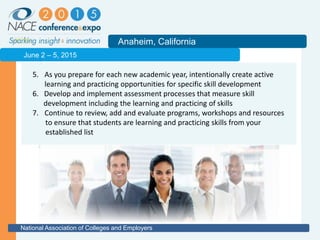 2011
Anaheim, California
National Association of Colleges and Employers
June 2 – 5, 2015
5. As you prepare for each new academic year, intentionally create active
learning and practicing opportunities for specific skill development
6. Develop and implement assessment processes that measure skill
development including the learning and practicing of skills
7. Continue to review, add and evaluate programs, workshops and resources
to ensure that students are learning and practicing skills from your
established list
 
