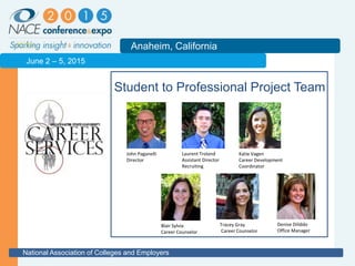 2011
Anaheim, California
National Association of Colleges and Employers
June 2 – 5, 2015
Student to Professional Project Team
John Paganelli
Director
Katie Vagen
Career Development
Coordinator
Tracey Gray
Career Counselor
Denise Diliddo
Office Manager
Laurent Troland
Assistant Director
Recruiting
Blair Sylvia
Career Counselor
 