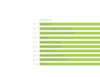 Economic Assistance Center8-11
12-15
16-17 Dripple
18-21
22-23
Community Center and Chapel
Downtown Brewery
New York Times
Tananger Master Plan
24-25
26-27
28-29
PROJECTS
6-7 Pianoforte
Kansas City Library
Norefjell Wellness Center
30-33 Chair
 