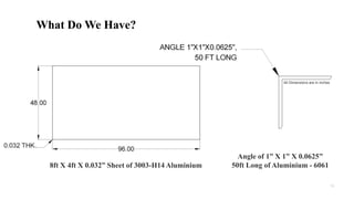 13
What Do We Have?
8ft X 4ft X 0.032” Sheet of 3003-H14 Aluminium
Angle of 1” X 1” X 0.0625”
50ft Long of Aluminium - 6061
All Dimensions are in inches
 