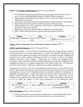QAQC / Civil Engineer (Maintenance): (Duties & Responsibilities)
 Provide/submit proposed drawings (framing Lay-out, lighting Lay-out, Power Lay-out
etc) of a Renovation/Rehabilitation Project to SABIC affiliate for approval.
 Implementation, Monitoring and surveillance on site to control the quality of work being
implemented by workforce.
 Ensuring that all materials used and work performed are approved spec by sabic affiliate.
 Determine material and equipment needed and prepare purchasing orders.
 Making quotation for every notification works, based on approved BOQ of sabic and
provide new item if not in the lists.
 Making time card & time sheet monthly for submission to the head office.
 Make / submit weekly & monthly notifications Progress Report & Invoices.
Position Date Company
QA/QC Supervisor/Inspector Feb. 16, 2012- May 15,
2013
Project - Barka 3 Independent Power Plant Barka, Sultanate of Oman
QAQC Supervisor/inspector: (Duties & Responsibilities)
Maintain the full flow / control of ECC & CCSB LOP & documents .Filing and log in, Method
of Statements, RFI's etc in a more professional way. Ensure the submitted documents are in
accordance with the approved procedure and all sections are properly inserted. Prepared and
maintaining the proper Indexes (Preliminary & Final) and submit to Client / Consultant.
Maintain document control registers / documents for incoming and outgoing project
documents. Assure document quality to include completeness, accuracy and compliance with
established procedures and updates. Responsible of the finished project QA / QC documents
and archive them properly / separately in office store in a highly professional way.
Responsible for all of QA / QC Civil and architectural related activities. Check and review the
plans & specifications for the proper construction & quality implementation at job site, perform
pre-inspection to ensure that all installed materials are within the standard in conformance to
applicable drawings & specs., conduct final inspection with the owner’s representative prior to
proceed concrete pouring and other succeeding work activities that requires step by step
inspection as per inspection and testing procedures (I.T.P.)., render monitoring and surveillance
on site to control the quality of work being implemented by the construction group.
Position Date Company
Site Civil Engr. / Fab. &
Precast Engr.
May 21, 2008- Feb. 15, 2012 BetonBauPhils.,/ Eco-
Formworks phils.
Site Civil Engineer: (Duties & Responsibilities)
 Checking and analyze construction plans & drawings for accuracy being implemented.
 Ensuring that all materials used and work performed are as per specification.
 