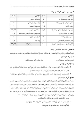 ‫پرسنلی‬ ‫رزومه‬ ‫خالصه‬........................................................................................ ‫علیخانی‬ ‫محمد‬5
6‫ارشد‬ ‫کارشناسی‬ ‫دوره‬ ‫نمرات‬ ‫ریز‬ ‫ـ‬
‫درس‬ ‫نام‬‫نمره‬‫درس‬ ‫نام‬‫نمره‬
‫پیشرفته‬ ‫مدیریت‬ ‫تئوریهای‬15‫ریاضی‬ ‫مدلسازی‬01
‫پیشرفته‬ ‫سازمانی‬ ‫رفتار‬ ‫مدیریت‬10‫ریزی‬ ‫برنامه‬‫خطی‬ ‫غیر‬16
‫آماری‬ ‫تحلیل‬1675‫صف‬ ‫های‬ ‫سیستم‬11
‫صنعت‬ ‫در‬ ‫انسانی‬ ‫نیروی‬ ‫مسایل‬ ‫بررسی‬1175‫مدیریت‬ ‫حسابداری‬11705
‫پیشرفته‬ ‫عملیات‬ ‫در‬ ‫تحقیق‬01‫پیشرفته‬ ‫مدیریت‬ ‫اطالعات‬ ‫های‬ ‫سیستم‬1675
‫پیشرفته‬ ‫تولید‬ ‫مدیریت‬16‫سازی‬ ‫شبیه‬ ‫اصول‬16
‫صنعتی‬ ‫اتژیک‬‫ر‬‫است‬ ‫مدیریت‬16‫نامه‬ ‫پایان‬1675
‫مدیریت‬ ‫در‬ ‫گیری‬ ‫تصمیم‬ ‫تئوری‬ ‫کاربرد‬01‫کل‬ ‫معدل‬57.85
7‫ـ‬‫ارشد‬ ‫کارشناسی‬ ‫نامه‬ ‫پایان‬ ‫معرفی‬
(‫نگاری‬ ‫آینده‬ ‫انجام‬Foresight( ‫امکان‬ ‫نظریه‬ ‫از‬ ‫استفاده‬ ‫با‬ )Possibility Theory‫نفت‬ ‫های‬ ‫چاه‬ ‫حفاری‬ ‫موردی‬ ‫مطالعه‬ ‫ـ‬ )
‫مشاور‬ ‫و‬ ‫راهنما‬ ‫اساتید‬
‫البرزی‬ ‫محمود‬ ‫دکتر‬ :‫اهنما‬‫ر‬ ‫استاد‬‫ناظمی‬ ‫جمشید‬ ‫دکتر‬ :‫مشاور‬ ‫استاد‬
‫پرسش‬‫پژوهش‬ ‫اصلی‬ ‫های‬
‫چ‬‫عدم‬ ،‫نگاری‬ ‫آینده‬ ‫فرآیند‬ ‫در‬ ‫شده‬ ‫آوری‬ ‫جمع‬ ‫های‬ ‫داده‬ ‫در‬ ‫قطعیت‬ ‫عدم‬ ‫و‬ ‫ابهام‬ ‫وجود‬ ‫به‬ ‫توجه‬ ‫با‬ ‫توان‬ ‫می‬ ‫گونه‬
‫نمود؟‬ ‫استفاده‬ ‫آینده‬ ‫ساخت‬ ‫ای‬‫ر‬‫ب‬ ‫مبنایی‬ ‫عنوان‬ ‫به‬ ‫و‬ ‫داده‬ ‫ار‬‫ر‬‫ق‬ ‫مدنظر‬ ‫ا‬‫ر‬ ‫قطعیت‬
‫باید‬ ‫ان‬‫ر‬‫ای‬ ‫در‬ ‫حفاری‬ ‫صنعت‬ ‫آینده‬‫باشد‬ ‫مجهز‬ ‫تکنولوژیهایی‬ ‫چه‬ ‫به‬ ‫باید‬ ‫جایگاه‬ ‫این‬ ‫به‬ ‫دستیابی‬ ‫ای‬‫ر‬‫ب‬ ‫و‬ ‫باشد‬ ‫چه‬‫؟‬
‫پژوهش‬ ‫مورد‬ ‫در‬ ‫کلی‬ ‫توضیح‬
‫اجتماعی‬‫و‬‫اقتصادی‬‫منافع‬‫بیشترین‬‫که‬‫است‬‫ظهوری‬‫نو‬‫و‬‫عمومی‬‫های‬‫تکنولوژی‬‫شناسایی‬،‫تکنولوژی‬‫نگاری‬‫آینده‬‫از‬‫هدف‬
.‫باشد‬ ‫داشته‬ ‫دنبال‬ ‫به‬ ‫آینده‬ ‫در‬ ‫ا‬‫ر‬‫نگاری‬ ‫آینده‬ ‫در‬‫تح‬ ‫با‬‫محتمل‬ ‫تهدیدهای‬ ‫و‬ ‫ها‬ ‫فرصت‬ ‫لیل‬،‫اساس‬ ‫بر‬ ‫مناسب‬ ‫اندازی‬ ‫چشم‬
‫تقویت‬ ‫و‬ ‫ایجاد‬ ‫با‬ ‫آنگاه‬ ‫و‬ ‫تدوین‬ ‫ملی‬ ‫اولویتهای‬‫همکاری‬،)‫صنایع‬ ‫و‬ ‫دولت‬ ،‫ان‬‫ر‬‫پژوهشگ‬ ،‫(دانشمندان‬ ‫ذینفع‬ ‫گروههای‬ ‫همه‬
‫شود‬ ‫می‬ ‫تالش‬‫تکنولوژی‬ ‫در‬ ‫رقابتی‬ ‫مزیت‬‫ایجاد‬‫پایدار‬ ‫توسعه‬ ‫تامین‬ ‫و‬‫مدت‬ ‫بلند‬ ‫در‬‫میسر‬‫دنب‬ ‫به‬ ‫پژوهش‬ ‫این‬ .‫گردد‬‫ایه‬‫ر‬‫ا‬ ‫ال‬
‫صریح‬ ‫غیر‬ ‫های‬ ‫داده‬ ‫تحلیل‬ ‫و‬ ‫سنجش‬ ‫ای‬‫ر‬‫ب‬ ‫روش‬‫نگاری‬ ‫آینده‬ ‫در‬:‫است‬ ‫داده‬ ‫ار‬‫ر‬‫ق‬ ‫نظر‬ ‫مد‬ ‫ا‬‫ر‬ ‫زیر‬ ‫موارد‬ ‫و‬ ‫بوده‬
-،‫نگاری‬ ‫آینده‬ ‫در‬ ‫امکان‬ ‫نظریه‬ ‫بکارگیری‬ ‫امکانپذیری‬ ‫بررسی‬
-‫این‬ ‫از‬ ‫استفاده‬ ‫ای‬‫ر‬‫ب‬ ‫ا‬‫ر‬‫کا‬ ‫مدلی‬ ‫ایه‬‫ر‬‫ا‬ ‫و‬ ‫نگاری‬ ‫آینده‬ ‫ای‬‫ر‬‫ب‬ ‫محاسباتی‬ ‫روش‬ ‫ایه‬‫ر‬‫ا‬‫نظریه‬،
-‫مطالعه‬ ‫زمینه‬ ‫در‬ ‫مدل‬ ‫بکارگیری‬‫موردی‬‫شده‬ ‫مطرح‬
 
