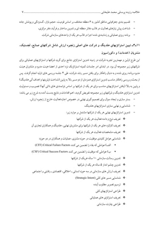 ‫پرسنلی‬ ‫رزومه‬ ‫خالصه‬........................................................................................ ‫علیخانی‬ ‫محمد‬1
-‫به‬ ‫کشور‬ ‫مناطق‬ ‫افیایی‬‫ر‬‫جغ‬ ‫بندی‬ ‫تقسیم‬0،‫قومیت‬ ‫اساس‬ ‫بر‬ ‫مختلف‬ ‫منطقه‬‫ار‬‫ز‬‫با‬ ‫حجم‬‫گستردگی‬ ،‫جاده‬ ‫پوشش‬ ‫و‬
-‫فعالیت‬ ‫نیازهای‬ ‫پیش‬ ‫شناخت‬‫مرکزی‬ ‫دفتر‬ ‫فرآیند‬ ‫و‬ ‫ساختار‬ ‫تدوین‬ ‫و‬ ‫ای‬ ‫منطقه‬ ‫دفاتر‬ ‫قالب‬ ‫در‬،
-.‫شرکت‬ ‫سازمانی‬ ‫واحدهای‬ ‫از‬ ‫یک‬ ‫هر‬ ‫قالب‬ ‫در‬ ‫ا‬‫ر‬‫اج‬ ‫شده‬ ‫زمانبندی‬ ‫و‬ ‫عملیاتی‬ ‫ریزی‬ ‫برنامه‬
11‫ـ‬3‫لجستیک‬ ،‫صنایع‬ ‫شرکتهای‬ ‫شامل‬ ‫ارزش‬ ‫زنجیره‬ ‫اصلی‬ ‫های‬ ‫شرکت‬ ‫و‬ ‫هلدینگ‬ ‫استراتژیهای‬ ‫تبیین‬ ‫ـ‬،
‫مشتریان‬‫دکوراسیون‬ ‫و‬ )‫(خدمات‬
‫ای‬‫ر‬‫ب‬ ‫عملیاتی‬ ‫اتژیهای‬‫ر‬‫است‬ ‫و‬ ‫شرکتها‬ ‫گروه‬ ‫ای‬‫ر‬‫ب‬ ‫جامع‬ ‫اتژی‬‫ر‬‫است‬ ‫تدوین‬ ‫زمینه‬ ‫در‬ ‫شرکت‬ ‫تجربه‬ ‫مهمترین‬ ‫و‬ ‫اولین‬ ‫طرح‬ ‫این‬
‫هیئت‬ ‫ان‬‫ر‬‫مشاو‬ ‫و‬ ‫مدیره‬ ‫هیئت‬ ‫اعضا‬ ‫از‬ ‫احدی‬ ‫نزد‬ ‫اتژیک‬‫ر‬‫است‬ ‫کمیته‬ ‫جلسات‬ ‫امر‬ ‫ابتدای‬ ‫در‬ .‫بود‬ ‫آن‬ ‫مجموعه‬ ‫زیر‬ ‫شرکتهای‬
‫بر‬ ‫اهکار‬‫ر‬ ‫دنبال‬ ‫به‬ ‫و‬ ‫شده‬ ‫ریزی‬ ‫برنامه‬ ‫مدیره‬‫طی‬ ،‫شرکت‬ ‫رشد‬ ‫مسیر‬ ‫یافتن‬ ‫ای‬4‫پس‬ .‫گرفت‬ ‫انجام‬ ‫اولیه‬ ‫های‬ ‫بررسی‬ ‫جلسه‬
)‫هلدینگ‬‫آتی‬‫اهداف‬‫و‬‫اولویتها‬‫(شناخت‬‫پایین‬‫به‬‫باال‬‫مسیر‬‫دو‬‫از‬‫همزمان‬‫اتژی‬‫ر‬‫است‬‫تدوین‬‫مناسب‬‫اهکار‬‫ر‬‫بررسی‬‫و‬‫بحث‬‫از‬
‫ه‬ ‫توانمندی‬ ‫اساس‬ ‫بر‬ ‫شرکتها‬ ‫از‬ ‫یک‬ ‫هر‬ ‫ای‬‫ر‬‫ب‬ ‫مناسب‬ ‫اتژیهای‬‫ر‬‫است‬ ‫(یافتن‬ ‫باال‬ ‫به‬ ‫پایین‬ ‫و‬‫مس‬ ‫و‬ ‫تصویب‬ )‫آنها‬ ‫ذاتی‬ ‫ای‬‫ئولیت‬
:‫باشد‬ ‫می‬ ‫زیر‬ ‫شرح‬ ‫به‬ ‫آمده‬ ‫بدست‬ ‫نتایج‬ ‫و‬ ‫اقدامات‬ ‫اهم‬ ،‫گردید‬ ‫تفویض‬ ‫مجموعه‬ ‫زیر‬ ‫شرکتهای‬ ‫و‬ ‫هلدینگ‬ ‫اتژی‬‫ر‬‫است‬ ‫تدوین‬
-،‫ارزش‬ ‫زنجیره‬ ‫از‬ ‫خارج‬ ‫فعالیت‬ ‫اجازه‬ ‫خصوص‬ ‫در‬ ‫نهایی‬ ‫گیری‬ ‫تصمیم‬ ‫ای‬‫ر‬‫ب‬ ‫سوال‬ ‫ایجاد‬ ‫و‬ ‫سازی‬ ‫بستر‬
-‫اتژیهای‬‫ر‬‫است‬ ‫سازی‬ ‫نهایی‬ ‫و‬ ‫شناسایی‬،‫هلدینگ‬
-:‫زیر‬ ‫موارد‬ ‫بر‬ ‫مشتمل‬ ‫شرکتها‬ ‫از‬ ‫یک‬ ‫هر‬ ‫نهایی‬ ‫اتژیهای‬‫ر‬‫است‬ ‫تدوین‬
‫شرکتها‬ ‫از‬ ‫یک‬ ‫هر‬ ‫فعالیت‬ ‫دامنه‬ ‫و‬ ‫نوع‬ ‫تعریف‬
‫آن‬ ‫تجاری‬ ‫ان‬‫ر‬‫همکا‬ ‫و‬ ‫هلدینگ‬ ،‫نهایی‬ ‫مشتریان‬ ‫ای‬‫ر‬‫ب‬ ‫شرکتها‬ ‫از‬ ‫یک‬ ‫هر‬ ‫های‬ ‫کارکرد‬ ‫تعریف‬
‫شرکتها‬ ‫از‬ ‫یک‬ ‫هر‬ ‫فعالیت‬ ‫مشخصات‬ ‫تعریف‬
‫حو‬ ‫در‬ ‫موفقیت‬ ‫کلیدی‬ ‫عوامل‬ ‫شناسایی‬:‫حوزه‬ ‫دو‬ ‫در‬ ‫ان‬‫ر‬‫همکا‬ ‫و‬ ‫عملیات‬ ،‫مشتری‬ ‫زه‬
‫کنند‬ ‫می‬ ‫تضمین‬ ‫ا‬‫ر‬ ‫بقاء‬ ‫که‬ ‫عواملی‬ )‫الف‬(CFF) Critical Failure Factors
‫کنند‬ ‫می‬ ‫تضمین‬ ‫ا‬‫ر‬ ‫موفقیت‬ ‫که‬ ‫عواملی‬ )‫ب‬(CSF) Critical Success Factors
‫سازمانی‬ ‫رسالت‬ ‫تدوین‬11‫شرکتها‬ ‫از‬ ‫هریک‬ ‫ساله‬
‫انداز‬ ‫چشم‬ ‫تدوین‬5‫شرکتها‬ ‫از‬ ‫یک‬ ‫هر‬ ‫ساله‬
‫اجتماعی‬ ‫و‬ ‫رقابتی‬ ‫ـ‬ ‫اقتصادی‬ ،‫اخالقی‬ ‫ـ‬ ‫انسانی‬ ‫حوزه‬ ‫سه‬ ‫در‬ ‫سازمانی‬ ‫های‬ ‫ارزش‬ ‫تعریف‬
‫کلی‬ ‫های‬ ‫مسیر‬ ‫شناسایی‬(Strategic Intent)
‫آینده‬ ‫مطلوب‬ ‫تصویر‬ ‫ترسیم‬
‫کلی‬ ‫اتژیهای‬‫ر‬‫است‬ ‫احی‬‫ر‬‫ط‬
‫عملیاتی‬ ‫های‬ ‫اتژی‬‫ر‬‫است‬ ‫تعریف‬
‫سازمانی‬ ‫چارت‬ ‫احی‬‫ر‬‫ط‬
 