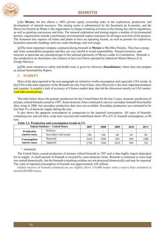 BISMUTH
11
[o]In Mexico, the law allows a 100% private equity ownership stake in the exploration, production, and
development of mineral resources. The mining sector is administered by the Secretaría de Economía, and the
Direccion General de Minas is the organization in charge of making revisions to the mining law and its regulations,
as well as granting concessions and titles. The mineral exploration and mining require a number of environmental
permits, requirements include a preliminary environmental impact statement for all major activities of the projects.
The Semarnat also requires all mines and plants to have an operating license, as well as permits for explosives,
hazardous materials handling, land use, water discharge, and well usage.
[p]The most important company commercializing bismuth in Mexico is Met-Mex Penoles. They have energy
and water sustainability programs and they are very careful to social responsibility. Natural resources, and
minerals in particular are considered part of the national patrimony of Mexico under its Constitution. Bismuth is
also produced at an electrolytic zinc refinery at San Luis Potosí operated by Industrial Minera Mexico S.A.
(Grupo Mexico).
[q]The same attention to safety and health issue is given by Glencore (Kazakhstan), where they also prepare
an annual Sustainability Report.
Most of the data reported in the next paragraph are related to world consumption and especially USA trends. In
fact USA is the main importers of the Bismuth not only from China, who effectively is the most important producer
and exporter. Is notable a lack of accuracy of Chinese market data, that led the discussion mostly on USA market.
[real and current prices]
The table below shows the primary production for the United States for the last 5 years, domestic production of
primary refined bismuth ceased in 1997. Some domestic firms continued to recover secondary bismuth from fusible
alloy scrap in 2008, but secondary production data were not available. Secondary production was estimated to be
less than 5% of domestic supply during the year.
It also shows the apparent consumption in comparison to the reported consumption. All types of bismuth-
containing new and old alloy scrap were recycled and contributed about 10% of U.S. bismuth consumption, or 80
tons.
Table 3.1. Production and consumption trends in US
Salient Statistics – United States 2007 2008 2009 2010 2011e
Production
(metric tons)
Refinery - - - - -
Secondary (old scrap) 100 100 60 80 80
Consumption
(metric tons)
Reported 2630 1090 820 884 1000
Apparent 2740 1560 1010 996 744
e
: estimated.
The United States ceased production of primary refined bismuth in 1997 and is thus highly import dependent
for its supply. A small amount of bismuth is recycled by some domestic firms. Bismuth is contained in some lead
ores mined domestically, but the bismuth-containing residues are not processed domestically and may be exported.
The value of reported consumption of bismuth was approximately $26 million.
Global reserves of bismuth contained ore are slightly above 318,000 tonnes with a reserve base estimated at
around 680,000 tonnes.
 