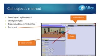 Call object’s method
1. Select Scene’s myFirstMethod
2. Select your object
3. Drag method into myFirstMethod
4. Run to test
1. myFirstMethod
2. Object selected
3. Drag
 