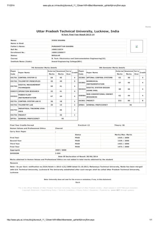 7/1/2014 www.uptu.ac.in/results/gbturesult_11_12/even14/frmBtech8semester_uptrkshfplrsncjflvm.aspx
http://www.uptu.ac.in/results/gbturesult_11_12/even14/frmBtech8semester_uptrkshfplrsncjflvm.aspx 1/1
Home
Uttar Pradesh Technical University, Lucknow, India
B.Tech. Final Year Result 2013-14
Name: VIVEK SHARMA
Name in Hindi
Father's Name: PURUSHOTTAM SHARMA
Roll No: 1000132074
Enrollment No.: 100013200677
Status: REGULAR
Course: B. Tech. Electronics and Instrumentation Engineering(32)
Institute Name (Code): Anand Engineering College(001)
7th Semester Marks details
Paper
Code
Paper Name
External
Marks
Sessional
Marks
Carry
Over
Credit
EIC701 CONTROL SYSTEM II 64 45 4
EIC702 TELEMETRY PRINCIPLES 35 49 4
EIC703
DIGITAL MEASUREMENT
TECHNIQUES
59 41 4
EOE073 OPERATION RESEARCH 32 41 4
EIC022
POWER PLANT
INSTRUMENTATION
67 44 4
EIC751 CONTROL SYSTEM LAB II 26 18 1
EIC752 TELEMETRY LAB 29 15 2
EIC753
INDUSTRIAL TRAINING VIVA-
VOCE
45 1
EIC754 PROJECT 45 1
GP701 GENERAL PROFICIENCY 45
8th Semester Marks details
Paper
Code
Paper Name
External
Marks
Sessional
Marks
Carry
Over
Credit
EIC801 OPTIMAL CONTROL SYSTEMS 63 40 4
EIC802
BIOMEDICAL
INSTRUMENTATION
57 45 4
EEC032
DIGITAL SYSTEM DESIGN
USING VHDL
48 46 4
EOE081
NON CONVENTIONAL ENERGY
RESOURCES
62 44 4
EIC851 PROJECT 232 90 8
GP801 GENERAL PROFICIENCY 46
Final Year Credits Earned Practical: 13 Theory: 36
Human Values and Professional Ethics Cleared
Carry Over Paper ,
Status Marks/Max. Marks
First Year PASS 1434 / 2000
Second Year PASS 1329 / 2000
Third Year PASS 1453 / 2000
Final Year PASS 1473 / 2000
Aggregate 3587/ 5000
DIVISION I-DIV
Date Of Declaration of Result: 28/06/2014
Marks obtained in Human Values and Professional Ethics are not added in total marks obtained by the student
Reasons
Note:- As per Govt. notification no.3324/Solah-1-2013-1(3)/2009 dated 31.10.2013, Mahamaya Technical University, Noida has been merged
with G.B. Technical University, Lucknow & The University established after such merger shall be called Uttar Pradesh Technical University,
Lucknow
Note: University does not own for the errors or omissions, if any, in this statement.
Back
This is the official Website of Uttar Pradesh Technical University, Government of Uttar Pradesh (India). | Best viewed in 1024*768 pixel resolution.
Copyright Statement | Hyperlinking Policy | Terms & Conditions | Privacy Policy | Disclaimer | Powered by: omni-NET through updesco
 