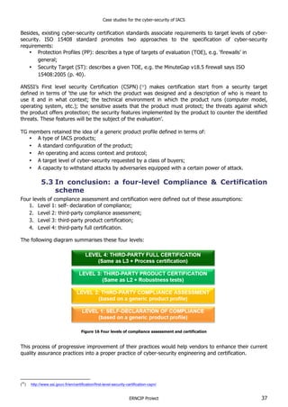Case studies for the cyber-security of IACS
ERNCIP Project 37
Besides, existing cyber-security certification standards associate requirements to target levels of cyber-
security. ISO 15408 standard promotes two approaches to the specification of cyber-security
requirements:
• Protection Profiles (PP): describes a type of targets of evaluation (TOE), e.g. ‘firewalls’ in
general;
• Security Target (ST): describes a given TOE, e.g. the MinuteGap v18.5 firewall says ISO
15408:2005 (p. 40).
ANSSI’s First level security Certification (CSPN) (33
) makes certification start from a security target
defined in terms of ‘the use for which the product was designed and a description of who is meant to
use it and in what context; the technical environment in which the product runs (computer model,
operating system, etc.); the sensitive assets that the product must protect; the threats against which
the product offers protection; the security features implemented by the product to counter the identified
threats. These features will be the subject of the evaluation’.
TG members retained the idea of a generic product profile defined in terms of:
• A type of IACS products;
• A standard configuration of the product;
• An operating and access context and protocol;
• A target level of cyber-security requested by a class of buyers;
• A capacity to withstand attacks by adversaries equipped with a certain power of attack.
5.3 In conclusion: a four-level Compliance & Certification
scheme
Four levels of compliance assessment and certification were defined out of these assumptions:
1. Level 1: self- declaration of compliance;
2. Level 2: third-party compliance assessment;
3. Level 3: third-party product certification;
4. Level 4: third-party full certification.
The following diagram summarises these four levels:
Figure 16 Four levels of compliance assessment and certification
This process of progressive improvement of their practices would help vendors to enhance their current
quality assurance practices into a proper practice of cyber-security engineering and certification.
(
33
) http://www.ssi.gouv.fr/en/certification/first-level-security-certification-cspn/
 