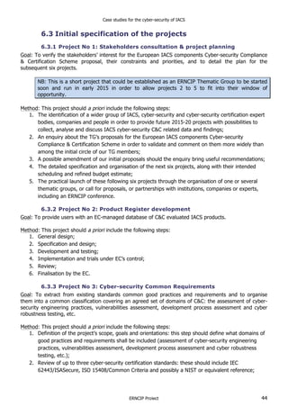 Case studies for the cyber-security of IACS
ERNCIP Project 44
6.3 Initial specification of the projects
6.3.1 Project No 1: Stakeholders consultation & project planning
Goal: To verify the stakeholders’ interest for the European IACS components Cyber-security Compliance
& Certification Scheme proposal, their constraints and priorities, and to detail the plan for the
subsequent six projects.
NB: This is a short project that could be established as an ERNCIP Thematic Group to be started
soon and run in early 2015 in order to allow projects 2 to 5 to fit into their window of
opportunity.
Method: This project should a priori include the following steps:
1. The identification of a wider group of IACS, cyber-security and cyber-security certification expert
bodies, companies and people in order to provide future 2015-20 projects with possibilities to
collect, analyse and discuss IACS cyber-security C&C related data and findings;
2. An enquiry about the TG’s proposals for the European IACS components Cyber-security
Compliance & Certification Scheme in order to validate and comment on them more widely than
among the initial circle of our TG members;
3. A possible amendment of our initial proposals should the enquiry bring useful recommendations;
4. The detailed specification and organisation of the next six projects, along with their intended
scheduling and refined budget estimate;
5. The practical launch of these following six projects through the organisation of one or several
thematic groups, or call for proposals, or partnerships with institutions, companies or experts,
including an ERNCIP conference.
6.3.2 Project No 2: Product Register development
Goal: To provide users with an EC-managed database of C&C evaluated IACS products.
Method: This project should a priori include the following steps:
1. General design;
2. Specification and design;
3. Development and testing;
4. Implementation and trials under EC’s control;
5. Review;
6. Finalisation by the EC.
6.3.3 Project No 3: Cyber-security Common Requirements
Goal: To extract from existing standards common good practices and requirements and to organise
them into a common classification covering an agreed set of domains of C&C: the assessment of cyber-
security engineering practices, vulnerabilities assessment, development process assessment and cyber
robustness testing, etc.
Method: This project should a priori include the following steps:
1. Definition of the project’s scope, goals and orientations: this step should define what domains of
good practices and requirements shall be included (assessment of cyber-security engineering
practices, vulnerabilities assessment, development process assessment and cyber robustness
testing, etc.);
2. Review of up to three cyber-security certification standards: these should include IEC
62443/ISASecure, ISO 15408/Common Criteria and possibly a NIST or equivalent reference;
 