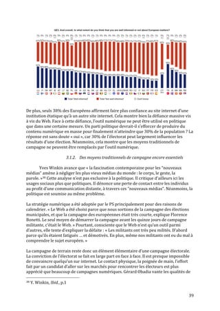   39	
  
	
  
	
  
De	
  plus,	
  seuls	
  38%	
  des	
  Européens	
  affirment	
  faire	
  plus	
  confiance	
  au	
  site	
  internet	
  d’une	
  
institution	
  étatique	
  qu’à	
  un	
  autre	
  site	
  internet.	
  Cela	
  montre	
  bien	
  la	
  défiance	
  massive	
  vis	
  
à	
  vis	
  du	
  Web.	
  Face	
  à	
  cette	
  défiance,	
  l’outil	
  numérique	
  ne	
  peut	
  être	
  utilisé	
  en	
  politique	
  
que	
  dans	
  une	
  certaine	
  mesure.	
  Un	
  parti	
  politique	
  devrait-­‐il	
  s’efforcer	
  de	
  produire	
  du	
  
contenu	
  numérique	
  en	
  masse	
  pour	
  finalement	
  n’atteindre	
  que	
  30%	
  de	
  la	
  population	
  ?	
  La	
  
réponse	
  est	
  sans	
  doute	
  «	
  oui	
  »,	
  car	
  30%	
  de	
  l’électorat	
  peut	
  largement	
  influencer	
  les	
  
résultats	
  d’une	
  élection.	
  Néanmoins,	
  cela	
  montre	
  que	
  les	
  moyens	
  traditionnels	
  de	
  
campagne	
  ne	
  peuvent	
  être	
  remplacés	
  par	
  l’outil	
  numérique.	
  
	
  
3.1.2. Des	
  moyens	
  traditionnels	
  de	
  campagne	
  encore	
  essentiels	
  
	
  
Yves	
  Winkin	
  avance	
  que	
  «	
  la	
  fascination	
  contemporaine	
  pour	
  les	
  “nouveaux	
  
médias“	
  amène	
  à	
  négliger	
  les	
  plus	
  vieux	
  médias	
  du	
  monde	
  :	
  le	
  corps,	
  le	
  geste,	
  la	
  
parole.	
  »38	
  Cette	
  analyse	
  n’est	
  pas	
  exclusive	
  à	
  la	
  politique.	
  Il	
  critique	
  d’ailleurs	
  ici	
  les	
  
usages	
  sociaux	
  plus	
  que	
  politiques.	
  Il	
  dénonce	
  une	
  perte	
  de	
  contact	
  entre	
  les	
  individus	
  
au	
  profit	
  d’une	
  communication	
  distante,	
  à	
  travers	
  ces	
  “nouveaux	
  médias“.	
  Néanmoins,	
  la	
  
politique	
  est	
  soumise	
  au	
  même	
  problème.	
  
	
  
La	
  stratégie	
  numérique	
  a	
  été	
  adoptée	
  par	
  le	
  PS	
  principalement	
  pour	
  des	
  raisons	
  de	
  
calendrier.	
  «	
  Le	
  Web	
  a	
  été	
  choisi	
  parce	
  que	
  nous	
  sortions	
  de	
  la	
  campagne	
  des	
  élections	
  
municipales,	
  et	
  que	
  la	
  campagne	
  des	
  européennes	
  était	
  très	
  courte,	
  explique	
  Florence	
  
Bonetti.	
  Le	
  seul	
  moyen	
  de	
  démarrer	
  la	
  campagne	
  avant	
  les	
  quinze	
  jours	
  de	
  campagne	
  
militante,	
  c’était	
  le	
  Web.	
  »	
  Pourtant,	
  consciente	
  que	
  le	
  Web	
  n’est	
  qu’un	
  outil	
  parmi	
  
d’autres,	
  elle	
  tente	
  d’expliquer	
  la	
  défaite	
  :	
  «	
  Les	
  militants	
  ont	
  très	
  peu	
  milités.	
  D’abord	
  
parce	
  qu’ils	
  étaient	
  fatigués	
  …	
  et	
  démotivés.	
  En	
  plus,	
  même	
  nos	
  militants	
  ont	
  eu	
  du	
  mal	
  à	
  
comprendre	
  le	
  sujet	
  européen.	
  »	
  
	
  
La	
  campagne	
  de	
  terrain	
  reste	
  donc	
  un	
  élément	
  élémentaire	
  d’une	
  campagne	
  électorale.	
  
La	
  conviction	
  de	
  l’électorat	
  se	
  fait	
  en	
  large	
  part	
  en	
  face	
  à	
  face.	
  Il	
  est	
  presque	
  impossible	
  
de	
  convaincre	
  quelqu’un	
  sur	
  internet.	
  Le	
  contact	
  physique,	
  la	
  poignée	
  de	
  main,	
  l’effort	
  
fait	
  par	
  un	
  candidat	
  d’aller	
  sur	
  les	
  marchés	
  pour	
  rencontrer	
  les	
  électeurs	
  est	
  plus	
  
apprécié	
  que	
  beaucoup	
  de	
  campagnes	
  numériques.	
  Gérard	
  Obadia	
  vante	
  les	
  qualités	
  de	
  
	
  	
  	
  	
  	
  	
  	
  	
  	
  	
  	
  	
  	
  	
  	
  	
  	
  	
  	
  	
  	
  	
  	
  	
  	
  	
  	
  	
  	
  	
  	
  	
  	
  	
  	
  	
  	
  	
  	
  	
  	
  	
  	
  	
  	
  	
  	
  	
  	
  	
  	
  	
  	
  	
  	
  	
  
38	
  Y.	
  Winkin,	
  Ibid.,	
  p.1	
  
 