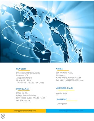 NEW DELHI
Dimensions HRD Consultants
Basement I-36
Jangpura Extension
New Delhi-110014
Tel: +91-11-43403300 (100 Lines)
MUMBAI
301-302 Kane Plaza,
Mindspace,
Malad (West), Mumbai-400064
Tel: +91-22-40272000 (100 Lines)
DUBAI (U.A.E)
Office No 406,
Makeya Sharafi Building
Bank Street, Dubai. (U.A.E)-112706
Tel: +04-3889796
ABU DUBAI (U.A.E)
Coming Soon
SINGAPORE
Coming Soon
anish@dimensionshrd,com mahesh@dimensionshrd,com
 