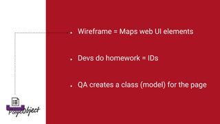 ● Wireframe = Maps web UI elements
● Devs do homework = IDs
● QA creates a class (model) for the page
 