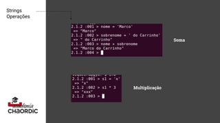 Strings
Operações
Soma
Multiplicação
 