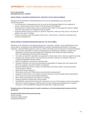 103
APPENDIX H – YOUTH PROVIDER FOCUS GROUP DATA
Focus Group Data
Springfield Group 1/16/2013
DEVELOPING A SHARED DEFINITION OF POSITIVE YOUTH DEVELOPMENT
Reactions to the Definitions Shared/Reactions to the survey data/Additions you would add/
Concerns/Cautions
• Lot of [our] work is empowerment and not as much the language related to the materials or
survey...about having youth involved in the planning of the programs
• "Empowerment" loosely stated--what is empowerment really? Living wage job, going to college.
Youth are saying help me navigate through my goals
• Protective factors having an impact on positive. Outcomes...where do they come in at? Issue of
strides--time span of change
• Positive outcomes--economic/quality of life (more + with school)...economic is education and
economic development
DEVELOPING A SHARED DEFINITION AND SET OF OUTCOMES
Reactions to the definitions of developmental domain, outcomes, indicator, measure/Reactions to the
survey data in comparison to the definitions/What is missing? Developmental domains, Outcomes,
indicators, measures/What guidance would you offer to the state around outcomes?/ Concerns/Cautions
• We are more interested in school success/absence of delinquency (resiliency)--being more
important to connect outcomes/vague stuff...Materials were mostly was about resiliency
stuff...volunteering/community service measures
• Too often we deal with outputs/#s--as opposed to critical areas--that is what we ought to be doing
• Programs are unique across--same tool (across all sites)--reduction of arrest/# of days and
involvement/grades/more they attend
• Shift from subjective measures to real hard data
• Change of behavior can occur-but what about sustainability of change over time--beyond the
life of our program--long terms effects of programs
• Band-Aid effect/hot new term impact--but what about the family context--are giving enough
to get long term effects?
• What about family resiliency?
• What about community? What about environmental consequences?
• Question of resources--to do enough at Human Services--must be realistic about expectations
• CYS--goals is to impact community/youth/family/
• BFR--what should programs be doing or not doing?
• Influence behavior change that is documented
• TeenREACH--parent/community/youth component--not sure if that happens across all programs
• Record # of youth showing up--staff having to up their professional development to measure
outcomes...CYS-TeenREACH silo(ed) from each other--Huge disconnect
Guided portion of the discussion to reach consensus on the developmental domains for the
outcomes:
Academic/Educational Success/Learning
School success
Graduate middle schools
Longitudinal Research
 