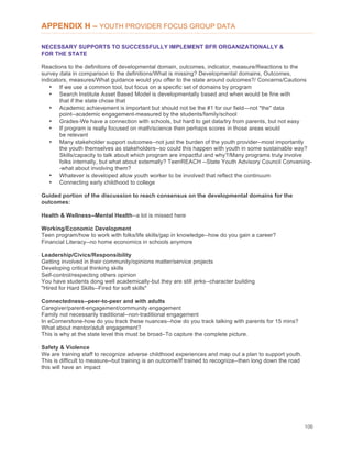 106
APPENDIX H – YOUTH PROVIDER FOCUS GROUP DATA
NECESSARY SUPPORTS TO SUCCESSFULLY IMPLEMENT BFR ORGANIZATIONALLY &
FOR THE STATE
Reactions to the definitions of developmental domain, outcomes, indicator, measure/Reactions to the
survey data in comparison to the definitions/What is missing? Developmental domains, Outcomes,
indicators, measures/What guidance would you offer to the state around outcomes?/ Concerns/Cautions
• If we use a common tool, but focus on a specific set of domains by program
• Search Institute Asset Based Model is developmentally based and when would be fine with
that if the state chose that
• Academic achievement is important but should not be the #1 for our field—not "the" data
point--academic engagement-measured by the students/family/school
• Grades-We have a connection with schools, but hard to get data/try from parents, but not easy
• If program is really focused on math/science then perhaps scores in those areas would
be relevant
• Many stakeholder support outcomes--not just the burden of the youth provider--most importantly
the youth themselves as stakeholders--so could this happen with youth in some sustainable way?
Skills/capacity to talk about which program are impactful and why?/Many programs truly involve
folks internally, but what about externally? TeenREACH --State Youth Advisory Council Convening-
-what about involving them?
• Whatever is developed allow youth worker to be involved that reflect the continuum
• Connecting early childhood to college
Guided portion of the discussion to reach consensus on the developmental domains for the
outcomes:
Health & Wellness--Mental Health--a lot is missed here
Working/Economic Development
Teen program/how to work with folks/life skills/gap in knowledge--how do you gain a career?
Financial Literacy--no home economics in schools anymore
Leadership/Civics/Responsibility
Getting involved in their community/opinions matter/service projects
Developing critical thinking skills
Self-control/respecting others opinion
You have students dong well academically-but they are still jerks--character building
"Hired for Hard Skills--Fired for soft skills"
Connectedness--peer-to-peer and with adults
Caregiver/parent-engagement/community engagement
Family not necessarily traditional--non-traditional engagement
In eCornerstone-how do you track these nuances--how do you track talking with parents for 15 mins?
What about mentor/adult engagement?
This is why at the state level this must be broad–To capture the complete picture.
Safety & Violence
We are training staff to recognize adverse childhood experiences and map out a plan to support youth.
This is difficult to measure--but training is an outcome/If trained to recognize--then long down the road
this will have an impact
 