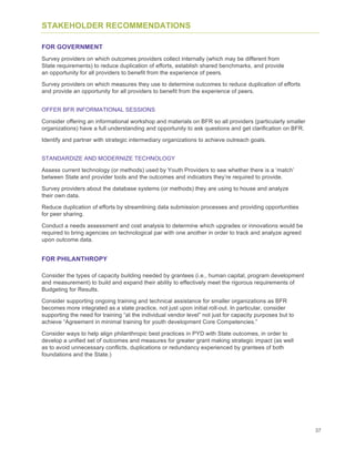 37
STAKEHOLDER RECOMMENDATIONS
FOR GOVERNMENT
Survey providers on which outcomes providers collect internally (which may be different from
State requirements) to reduce duplication of efforts, establish shared benchmarks, and provide
an opportunity for all providers to benefit from the experience of peers.
Survey providers on which measures they use to determine outcomes to reduce duplication of efforts
and provide an opportunity for all providers to benefit from the experience of peers.
OFFER BFR INFORMATIONAL SESSIONS
Consider offering an informational workshop and materials on BFR so all providers (particularly smaller
organizations) have a full understanding and opportunity to ask questions and get clarification on BFR.
Identify and partner with strategic intermediary organizations to achieve outreach goals.
STANDARDIZE AND MODERNIZE TECHNOLOGY
Assess current technology (or methods) used by Youth Providers to see whether there is a ‘match’
between State and provider tools and the outcomes and indicators they’re required to provide.
Survey providers about the database systems (or methods) they are using to house and analyze
their own data.
Reduce duplication of efforts by streamlining data submission processes and providing opportunities
for peer sharing.
Conduct a needs assessment and cost analysis to determine which upgrades or innovations would be
required to bring agencies on technological par with one another in order to track and analyze agreed
upon outcome data.
FOR PHILANTHROPY
Consider the types of capacity building needed by grantees (i.e., human capital, program development
and measurement) to build and expand their ability to effectively meet the rigorous requirements of
Budgeting for Results.
Consider supporting ongoing training and technical assistance for smaller organizations as BFR
becomes more integrated as a state practice, not just upon initial roll-out. In particular, consider
supporting the need for training “at the individual vendor level” not just for capacity purposes but to
achieve “Agreement in minimal training for youth development Core Competencies.”
Consider ways to help align philanthropic best practices in PYD with State outcomes, in order to
develop a unified set of outcomes and measures for greater grant making strategic impact (as well
as to avoid unnecessary conflicts, duplications or redundancy experienced by grantees of both
foundations and the State.)
 