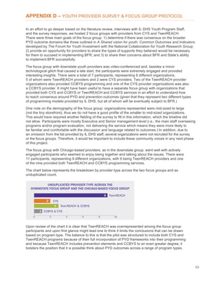 53
APPENDIX D – YOUTH PROVIDER SURVEY & FOCUS GROUP PROTOCOL
In an effort to go deeper based on the literature review, interviews with IL DHS Youth Program Staff,
and the survey responses, we hosted 2 focus groups with providers from CYS and TeenREACH.
There were three main goals of the focus group: 1) determine if there was consensus on the broader
PYD outcome domains like those outlined in A Shared vision for youth: Common Outcomes and Indicators
developed by The Forum for Youth Investment with the National Collaboration for Youth Research Group;
2) provide an opportunity for providers to share the types of supports they believed would be necessary
for them to succeed in implementing BFR; and 3) to share their concerns about BFR and State’s ability
to implement BFR successfully.
The focus group with downstate youth providers was video-conferenced and, besides a minor
technological glitch that caused a late start, the participants were extremely engaged and provided
interesting insights. There were a total of 7 participants, representing 6 different organizations,
5 of whom were TeenREACH providers and 2 were CYS providers. Two of the TeenREACH provider
organizations also provided CCBYS programming and one of the CYS provider organizations was also
a CCBYS provider. It might have been useful to have a separate focus group with organizations that
provided both CYS and CCBYS or TeenREACH and CCBYS services in an effort to understand how
to reach consensus around PYD and prevention outcomes (given that they represent two different types
of programming models provided by IL DHS, but all of whom will be eventually subject to BFR.)
One note on the demography of the focus group: organizations represented were mid-sized to large
(not the tiny storefront), thus we do not have a good profile of the smaller to mid-sized organizations.
This would have required another fielding of the survey to fill in this information, which the timeline did
not allow. Participants were mostly Executive and Senior management level (i.e., the main staff overseeing
programs and/or program evaluation, not delivering the service which means they were more likely to
be familiar and comfortable with the discussion and language related to outcomes.) In addition, due to
an omission from the list provided by IL DHS staff, several organizations were not recruited for the survey
or the focus groups. Therefore, it would be important to include these community voices in any next phase
of this project.
The focus group with Chicago-based providers, as in the downstate group, went well with actively
engaged participants who seemed to enjoy being together and talking about the issues. There were
11 participants, representing 9 different organizations, with 9 being TeenREACH providers and one
of the nine provided both TeenREACH and CCBYS programming services.
The chart below represents the breakdown by provider type across the two focus groups and as
unduplicated count.
Upon review of the chart it is clear that TeenREACH was overrepresented among the focus group
participants and upon first glance might lead one to think it limits the conclusions that can be drawn
based on program type. The balance to this is that the pilot was structured to include both CYS and
TeenREACH programs because of their full incorporation of PYD frameworks into their programming
and because TeenREACH includes prevention elements and CCBYS to an even greater degree; it
bolsters the position that it is possible think about PYD outcomes across a range of program types.
 