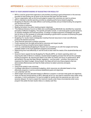 65
APPENDIX E – AGGREGATED DATA FROM THE YOUTH PROVIDER SURVEYS
WHAT IS YOUR UNDERSTANDING OF BUDGETING FOR RESULTS?
• BFR is a tool for government agencies to set priorities according to goal achievement in the services
provided so that funding can be given to the services that reach the best results.
• That an organization sets up the annual budget to support the outcomes you want to achieve.
• BFR is intended to identify spending priorities by adopting performance based budgeting.
• Budgeting for Results is the state efforts to set funding priorities and put limited funding into programs
and services that work
• Tying money to outcomes
• Meeting the bottom line while meeting program objectives.
• "The National Advisory Council on State and Local Budgeting (NACSLB) has identified four essential
principles of effective budgeting. The specific principles include: (1) set broad goals to guide decisions,
(2) develop strategies and financial policies, (3) design a budget supportive of strategies and goals
and (4) focus on the necessity of continually evaluating a government’s success at achieving the goals
that it has set for itself (i.e., performance).
• Budgeting For results means strategically investing financial resources to most cost-effectively
produce the desired outcomes.
• Tying financial resources to positive outcomes.
• Funds received from the state will be tied to outcomes and impact results
• Looking at funding and performance based measures
• From my understanding Budgeting for Results have something to do with the budget and having
available dollars to the most significant programs and activities.
• Determining how most effectively to use the funds to best meet the needs of the students/families and
school.
• Governor Quinn signed into law Budgeting For Results (BFR), an historic spending reform act
requiring the state of Illinois to institute a results-based budgeting process that will end the automatic
funding of programs. By requiring the State to live within its means and focus on performance, BFR
will transform the way that state officials, legislators – and the public – prioritize, think about and
implement the State’s budget. Going forward, the State will fund only those programs that can
demonstrate effectiveness and help the State achieve its stated outcomes and goals.
• Unknown
• Using funds wisely to see outcomes
• A strategic alternative to incremental budgeting, which resources are allocated based on how
effectively programs or service achieves established goals and objectives.
• I am unfamiliar with this.
• State budget resources allocated based on effective a program or services meet goals and objectives.
• Have not had any formal training on BFR. Although we do our very best to maximize every dollar using
volunteers, in kind contributions, it's hard to budget for results when the payments you rely on are
severely delayed. It's hard to expect the maximum results under these circumstances when every
program that yields the best results relies on a steady cash flow.
 