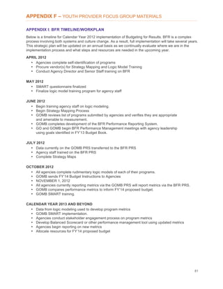 81
APPENDIX F – YOUTH PROVIDER FOCUS GROUP MATERIALS
APPENDIX I: BFR TIMELINE/WORKPLAN
Below is a timeline for Calendar Year 2012 implementation of Budgeting for Results. BFR is a complex
process involving both systems and culture change. As a result, full implementation will take several years.
This strategic plan will be updated on an annual basis as we continually evaluate where we are in the
implementation process and what steps and resources are needed in the upcoming year.
APRIL 2012
• Agencies complete self-identification of programs
• Procure vendor(s) for Strategy Mapping and Logic Model Training
• Conduct Agency Director and Senior Staff training on BFR
MAY 2012
• SMART questionnaire finalized
• Finalize logic model training program for agency staff
JUNE 2012
• Begin training agency staff on logic modeling.
• Begin Strategy Mapping Process
• GOMB reviews list of programs submitted by agencies and verifies they are appropriate
and amenable to measurement.
• GOMB completes development of the BFR Performance Reporting System.
• GO and GOMB begin BFR Performance Management meetings with agency leadership
using goals identified in FY’13 Budget Book.
JULY 2012
• Data currently on the GOMB PRS transferred to the BFR PRS
• Agency staff trained on the BFR PRS
• Complete Strategy Maps
OCTOBER 2012
• All agencies complete rudimentary logic models of each of their programs.
• GOMB sends FY’14 Budget Instructions to Agencies
• NOVEMBER 1, 2012
• All agencies currently reporting metrics via the GOMB PRS will report metrics via the BFR PRS.
• GOMB compares performance metrics to inform FY’14 proposed budget.
• GOMB SMART training.
CALENDAR YEAR 2013 AND BEYOND
• Data from logic modeling used to develop program metrics
• GOMB SMART implementation.
• Agencies conduct stakeholder engagement process on program metrics
• Develop Balanced Scorecard or other performance management tool using updated metrics
• Agencies begin reporting on new metrics
• Allocate resources for FY’14 proposed budget
 