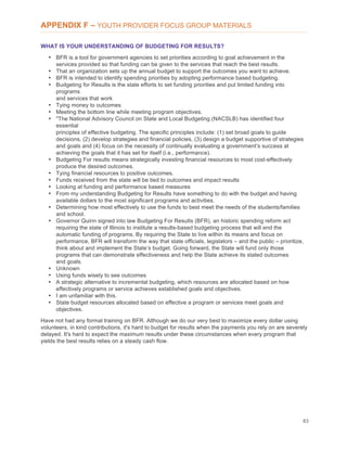 83
APPENDIX F – YOUTH PROVIDER FOCUS GROUP MATERIALS
WHAT IS YOUR UNDERSTANDING OF BUDGETING FOR RESULTS?
• BFR is a tool for government agencies to set priorities according to goal achievement in the
services provided so that funding can be given to the services that reach the best results.
• That an organization sets up the annual budget to support the outcomes you want to achieve.
• BFR is intended to identify spending priorities by adopting performance based budgeting.
• Budgeting for Results is the state efforts to set funding priorities and put limited funding into
programs
and services that work
• Tying money to outcomes
• Meeting the bottom line while meeting program objectives.
• "The National Advisory Council on State and Local Budgeting (NACSLB) has identified four
essential
principles of effective budgeting. The specific principles include: (1) set broad goals to guide
decisions, (2) develop strategies and financial policies, (3) design a budget supportive of strategies
and goals and (4) focus on the necessity of continually evaluating a government’s success at
achieving the goals that it has set for itself (i.e., performance).
• Budgeting For results means strategically investing financial resources to most cost-effectively
produce the desired outcomes.
• Tying financial resources to positive outcomes.
• Funds received from the state will be tied to outcomes and impact results
• Looking at funding and performance based measures
• From my understanding Budgeting for Results have something to do with the budget and having
available dollars to the most significant programs and activities.
• Determining how most effectively to use the funds to best meet the needs of the students/families
and school.
• Governor Quinn signed into law Budgeting For Results (BFR), an historic spending reform act
requiring the state of Illinois to institute a results-based budgeting process that will end the
automatic funding of programs. By requiring the State to live within its means and focus on
performance, BFR will transform the way that state officials, legislators – and the public – prioritize,
think about and implement the State’s budget. Going forward, the State will fund only those
programs that can demonstrate effectiveness and help the State achieve its stated outcomes
and goals.
• Unknown
• Using funds wisely to see outcomes
• A strategic alternative to incremental budgeting, which resources are allocated based on how
effectively programs or service achieves established goals and objectives.
• I am unfamiliar with this.
• State budget resources allocated based on effective a program or services meet goals and
objectives.
Have not had any formal training on BFR. Although we do our very best to maximize every dollar using
volunteers, in kind contributions, it's hard to budget for results when the payments you rely on are severely
delayed. It's hard to expect the maximum results under these circumstances when every program that
yields the best results relies on a steady cash flow.
 