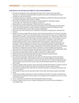 86
APPENDIX F – YOUTH PROVIDER FOCUS GROUP MATERIALS
HOW WOULD YOU DEFINE OUTCOMES IN YOUR PROGRAMMING?
• Outcome is gauged by youth graduating from high school, entering post secondary
education or involved in vocational skills training that can lead to sustainable permanent
employment and self sufficiency
• A change in behavior or attitude as well as accomplishing a possible life altering achievement
such as graduating from high school or college
• Outcomes are specific short and long-term results/changes for individuals, groups,
communities, etc. stemming from programs or services.
• Measurable and sustained growth in student behavior and attitude.
• Outcomes are the end results of the inputs and outputs of the program/service intervention.
• Youth committed to learning, positive character development traits and leadership skills,
youth demonstrate life and work skills, program engagement
• Outcomes are youth transitioning to independent living after completing and "working" their
life plan.
• Based on the logic models that we develop, there are theories that form the basis for activities
within programs. These in turn are tied to outputs, which could be things such as attendance in
programming activities, # of participants that attend workshops, etc. These outputs affect what
we expect to be the results of the program activities otherwise known as the outcomes. Since
we have programming across the continuum of prevention to treatment, each of the logic
models reflect outcomes that are expected within those programs. Outcomes for youth
prevention reflects things such as improvement in knowledge of substance use/abuse and
the effects, improved attendance at school, improved peer relationships, ability to define a
post-secondary plan, ability to create a safety plan for themselves and within their communities,
decreases in suspensions and expulsions, decreases in physical fighting among peers,
improvements in family functioning, improvements in time management and organization skills.
• Outcomes are the durable, long-term impacts that programs have on youth.
• Outcomes are measurement tools we utilize to measure our effectiveness.
• Measuring area of impact brought about through the programming we provide.
• Reduced occurrences of drug use and new arrests.
• Our outcomes have been making sure the youth are safe at all times during out program,
boosting their self-esteem and confidence. We may not make a difference in each youth’s
life but we strive to make a difference in their lives. We have 70- 75 youth that attend the after
school program and we feel that we are doing something right because they could be doing
other things.
• Students’ behavior both at school, in the community and with their families is superior to that of
the students that do not attend the after school program and their grades improve.
• Outcomes are related to the impact that our services have had on changing the behavior and
lives of our clients.
• The number of youth who are returned to their home rather than become wards of the state.
• Good
• Youth Services define outcomes as means to determine the level of success in achieving the
overall goals and objectives of the program, the changes that are expected to occur as a result
of services provide
• For us, outcomes are behaviors that exhibit growth toward our goals.
• Positive changes which occurs in program participants as a result of their participation in
our programming.
 