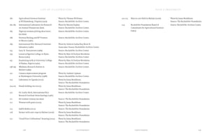 239Food & ProsperityList of Illustrations
list of illustrations
238
food & prosperity
180 Agricultural Sciences Seminar
at Williamsburg, Virginia (1979).
Photo by Thomas Williams.
Source: Rockefeller Archive Center.
182-183 International Laboratory for Research
on Animal Diseases (no date).
Photo by Marion Kaplan.
Source: Rockefeller Archive Center.
185 Nigerian woman picking okra leaves
(no date).
Source: Rockefeller Archive Center.
186 Norman Borlaug and RF Trustees
in Mexico (1981).
Source: Rockefeller Archive Center.
189 International Rice Research Institute
laboratory (1980).
Photo by Ashwin Gatha/Kay Reese &
Associates. Source: Rockefeller Archive Center.
193 Gary H. Toenniessen (1989). Source: Rockefeller Archive Center.
194 Lesson at Egerton College in Njoro,
Kenya (1963).
Photo by Marc & Evelyne Bernheim.
Source: Rockefeller Archive Center.
197 Examining milk at University College
of Ibadan, Nigeria (1963).
Photo by Marc & Evelyne Bernheim.
Source: Rockefeller Archive Center.
198-199 Mbabawa Research Station in
Malawi (1989).
Source: Rockefeller Archive Center.
201 Cassava improvement program
at Washington University (1988).
Photo by Andrew Lipman.
Source: Rockefeller Archive Center.
203 Laboratory in Uganda (2007). Photo by Jonas Bendiksen.
Source: The Rockefeller Foundation.
204-205 Hands holding rice (2005). Photo by Jonas Bendiksen.
Source: The Rockefeller Foundation.
207 Dr. Lesley Sitch, International Rice
Research Institute biotechnology (1987).
Source: Rockefeller Archive Center.
211 Sir Gordon Conway (no date). Source: The Rockefeller Foundation.
212 Woman with grain (2005). Photo by Jonas Bendiksen.
Source: The Rockefeller Foundation.
215 Judith Rodin (2012). Source: The Rockefeller Foundation.
218 Farmer with root crops in Malawi (2006). Photo by Jonas Bendiksen.
Source: The Rockefeller Foundation.
221 “Good Price Celebrations” drawing (2005). Photo by Jonas Bendiksen.
Source: The Rockefeller Foundation.
222-223 Man in corn field in Malawi (2006). Photo by Jonas Bendiksen.
Source: The Rockefeller Foundation.
224 Rockefeller Foundation Board of
Consultants for Agricultural Sciences
(1963).
Source: Rockefeller Archive Center.
 