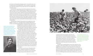 Chapter Three: Rural Reconstruction 7170 Food & Prosperity
provided by the Rockefeller Foundation had to cross hostile waters into
occupied territory during World War I. Yet no situation in the past had
been politically charged in the way that China was in the middle of the
twentieth century.
For the first time, agricultural work was not peripheral to the political
conflict. It was not a symbol of philanthropy as a larger concept, nor a tool to
relieve the effects of war on civilian populations. In China, agriculture was
central to the political conflict. Questions of land ownership, agricultural
production systems, basic sustenance, and quality of life were at stake. Indeed,
Chinese communists, who were gaining strength in the 1920s, asserted that
these issues were central to the future of their largely rural nation. In the late
1930s, as both the Communists and the Nationalists attempted to co-opt the
work of agricultural reform, the Rockefeller Foundation hoped to steer clear
of these politics.
The dissolution of imperial China had led to the establishment of the
Republic of China in 1912, but political power remained fragmented. In
the late 1920s the Kuomintang (KMT or Nationalist Party), under General
Chiang Kai-shek, reunified the country, but rival fac-
tions kept the new government unstable. In 1927 the
Communist Party of China (CPC) split the revolutionary
ranks, sparking a civil war that would last until 1950.
Because rural influence was key to this conflict,
both parties allied themselves with agricultural
concerns in multiple incarnations. From the 1920s
onward, the Communist challenge to the Nationalists
was especially fervent in rural areas. By the late 1920s
the CPC had shifted from an “unsuccessful effort to
mobilize urban workers to embrace Mao Zedong’s
peasant revolution.” It retreated to southeastern China
to establish the Jiangxi Soviet, where it carried out
experiments in land reform. Historian Mary Brown
Bullock emphasizes the role of this experiment station
as the “first rural revolutionary base area,” key in that
it gave the CPC the opportunity to “carry out agrarian
and administrative reforms, and to actually govern a
rural region.”
By the early 1930s, however, Chiang Kai-shek’s
military campaign had pushed the Communists
northward on their Long March north from Jiangxi.
Settling in Shaanxi they implemented another
campaign of land reform programs. The CPC never
allied itself directly with the Rockefeller Foundation’s
work, which was centered on Ting Hsien. It did associate
the Foundation’s agriculture work with its political
goals, but the CPC called for reform that went beyond
improvements in agricultural productivity. It wanted
fundamental reform that would redistribute land to the
peasant class.
The KMT never made agricultural concerns the centerpiece of its
campaign. As Mary Brown Bullock notes, Chiang Kai-shek “primarily
sought military annihilation” of the Communists. Nevertheless, the
Nationalists implemented a much slimmer program of rural reform that
was also associated with Rockefeller Foundation work in agriculture. The
Nationalist program aimed to compete with the work of the CPC in this
arena, but it folded agriculture into its New Life Movement, a “social and
The Rockefeller Foundation's rural
reconstruction efforts took inspiration
from the Mass Education Movement's
work in agriculture. MEM had helped
farmers improve their crops, including
cotton. (Selskar Gunn. Rockefeller
Archive Center.)
Selskar M. Gunn had worked for the
Rockefeller Foundation on health
initiatives in Europe for almost 15 years
before he traveled to China in 1931.
Impressed by the integrated strategy
for development that combined health,
literacy, and agriculture, he became
an ardent advocate for this approach.
(Rockefeller Archive Center.)
 