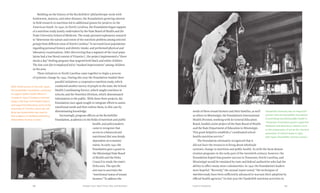 Chapter Four: Hard Times, War, and Nutrition 8988 Food & Prosperity
Building on the history of the Rockefellers’ philanthropic work with
hookworm, malaria, and other diseases, the Foundation’s growing interest
in field research in nutrition led to additional grants for projects in the
American South. In 1940, in North Carolina, the Foundation began support
of a nutrition study jointly undertaken by the State Board of Health and the
Duke University School of Medicine. The study pursued exploratory research
to “determine the nature and extent of the nutrition problem among selected
groups from different areas of North Carolina.” It surveyed local populations
regarding personal history and dietetic intake, and performed physical and
laboratory examinations. After discovering that a segment of the rural popu-
lation had a low blood content of Vitamin C, the project implemented a “three
meals a day” feeding program that targeted both black and white children.
The low-cost diet it employed led to “marked improvement” among children
in the area.
These initiatives in North Carolina came together to begin a process
of systemic change by 1945. During this year the Foundation funded three
parallel initiatives: a cooperative nutrition study, which
conducted another survey of people in the state; the School-
Health Coordinating Service, which taught nutrition in
schools; and the Nutrition Division, which disseminated
information to the public. With these three projects, the
Foundation once again sought to integrate efforts to assess
nutritional needs and then redress them, in this case by
disseminating knowledge.
Increasingly, program officers at the Rockefeller
Foundation, academics in the fields of nutrition and public
health, and policymakers
came to recognize that
access to a balanced and
nutritional diet was deeply
dependent on economic
status. In early 1942 the
Foundation gave a grant to
the Mississippi State Board
of Health and the Delta
Council to study the state’s
Delta area. The specific
aim was to ascertain the
“nutritional status of tenant
farmers.” To address the
needs of these tenant farmers and their families, as well
as others in Mississippi, the Foundation’s International
Health Division, working with its General Education
Board, funded a joint project of the State Board of Health
and the State Department of Education in Mississippi.
This grant helped to establish a “coordinated school-
health-nutrition service.”
The Foundation ultimately recognized that it
did not have the resources to bring about wholesale
systemic change in nutrition and public health. As with the farm demon-
stration programs in the early part of the twentieth century, however, the
Foundation hoped that grantee success in Tennessee, North Carolina, and
Mississippi would be emulated by state and federal authorities who had the
ability to affect many more communities. In 1942 the Foundation’s leaders
were hopeful. “Recently,” the annual report noted, “the techniques of
nutrition study have been sufficiently advanced to warrant their adoption by
official health agencies.” In that year the Vanderbilt nutrition activities in
After initial success in the mid-1930s,
the Rockefeller Foundation continued
to support public health efforts in
Canada. In 1942 it funded a nutrition
study in the East York Health District
and supported laboratory work at the
University of Toronto, where this silt-
lamp eye examination was used to
find evidence of riboflavin deficiency.
(Rockefeller Archive Center.)
Vanderbilt University was an important
partner with the Rockefeller Foundation
in promoting nutritional public health in
Tennessee. Foundation grants supported
fieldwork and laboratory research, such
as this preparation of serum for chemical
estimation of vitamin levels in 1950.
(Ken Spain. Rockefeller Archive Center.)
 