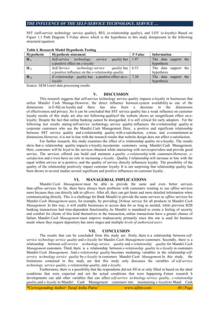 THE INFLUENCE OF THE SELF-SERVICE TECHNOLOGY, SERVICE …
*Corresponding Author: Yusuf Ardia Putra 1
www.aijbm.com 40 | Page
SST (self-service technology service quality), REL (e-relationship quality), and LOY (e-loyalty) Based on
Figure 1.1 Path Diagram T-Value above which is the hypothesis in this study doespresent in the following
structural equation:
Table I. Research Model Hypothesis Testing
Hypothesis Hypothesis statement T-Value Information
H 1 Self-service technology, service quality has
a positive effect on e-loyalty
1.97 The data support the
hypothesis
H 2 Self-Service technology service quality has
a positive influence on the e-relationship quality
6.53 The data support the
hypothesis
H 3 E-relationship quality has a positive effect on e-
loyalty
7.30 The data support the
hypothesis
Source: SEM Lisrel data processing results
V. DISCUSSION
This research suggests that self-service technology service quality impacts e-loyalty in businesses that
utilize Mandiri Cash Manage.However, the direct influence between system availability as one of the
dimensions in E-SQ on loyalty and there has also been a decrease in the dimensions
of effectiveness and privacy .So it can be concluded that SST service quality has a weak influence on customer
loyalty results of this study are also not following qualityof the website shows an insignificant effect on e-
loyalty. Despite the fact that online banking cannot be disregarded, it is still critical for early adopters. For the
following test results stating self-service technology, service quality influences the e-relationship quality at
corporate customers who use the Mandiri Cash Management. Here, a positive and significant relationship
between SST service quality and e-relationship quality with e-satisfaction, e-trust, and e-commitment as
dimensions.However, it is not in line with the research results that website design does not affect e-satisfaction.
For further research, this study examines the effect of e- relationship quality on e-loyalty. The results
show that e- relationship quality impacts e-loyalty incorporate customers using Mandiri Cash Management.
Here, customers will be loyal to the services obtained while interacting with serviceproviders and provide good
service. The services offered can build and maintain a quality e-relationship with customers.However, e-
satisfaction and e-trust have no role in increasing e-loyalty . Quality f relationship will increase in line with the
equal within service at is positive, and the quality of service directly influences loyalty. The possibility of the
quality of the relationship positively impact customer loyalty. It is not surprising that relationship quality has
been shown in several studies several significant and positive influences on customer loyalty .
VI. MANAGERIAL IMPLICATIONS
Mandiri Cash Management must be able to provide the same and even better services
than offline services. So far, there have always been problems with customers wanting to use offline services
more because they can directly talk to officers. After all, they can get faster and more detailed information when
communicating directly. This is a challenge for Bank Mandiri to provide the same services as offline services for
Mandiri Cash Management users, for example, by providing 24-hour service for all products in Mandiri Cash
Management. In this way, it will enable businesses to access data for as long as needed, while previous B2B
banking transactions had time-dependent functionality.As Mandiri is mandated to create a feeling of security
and comfort for clients of this kind themselves in the transaction, online transactions have a greater chance of
failure. Mandiri Cash Management must improve tradesecurity primarily since this site is used for business
needs where they require depository has more stages and multiple levels of authorized users.
VII. CONCLUSION
The results that can be concluded from this study are: firstly, there is a relationship between self-
service technology service quality and e-loyalty for Mandiri Cash Management customers. Secondly, there is a
relationship between self-service technology service quality and e-relationship quality for Mandiri Cash
Management customers. Third, there is a relationship between e-relationship quality to e-loyalty in customers
Mandiri Cash Management. And e-relationship quality becomes mediating variables in the relationship self-
service technology service quality by e-loyalty in customers Mandiri Cash Management.In this study, the
limitations contained in this study are that this study only discusses the variables of self-service
technology, service quality, e-relationship quality, and e-loyalty.
Furthermore, there is a possibility that the respondents did not fill in or only filled in based on the ideal
conditions that were expected and not the actual conditions that were happening .Future research h
developments can add other variables that can affect self-service technology service quality, e-relationship
quality,and e-loyalty to Mandiri Cash Management customers into maintaining e-loyaltyto Mand Cash
 