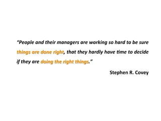 “People	
  and	
  their	
  managers	
  are	
  working	
  so	
  hard	
  to	
  be	
  sure	
  
things	
  are	
  done	
  right,	
  that	
  they	
  hardly	
  have	
  9me	
  to	
  decide	
  
if	
  they	
  are	
  doing	
  the	
  right	
  things.”	
  
Stephen	
  R.	
  Covey	
  
 